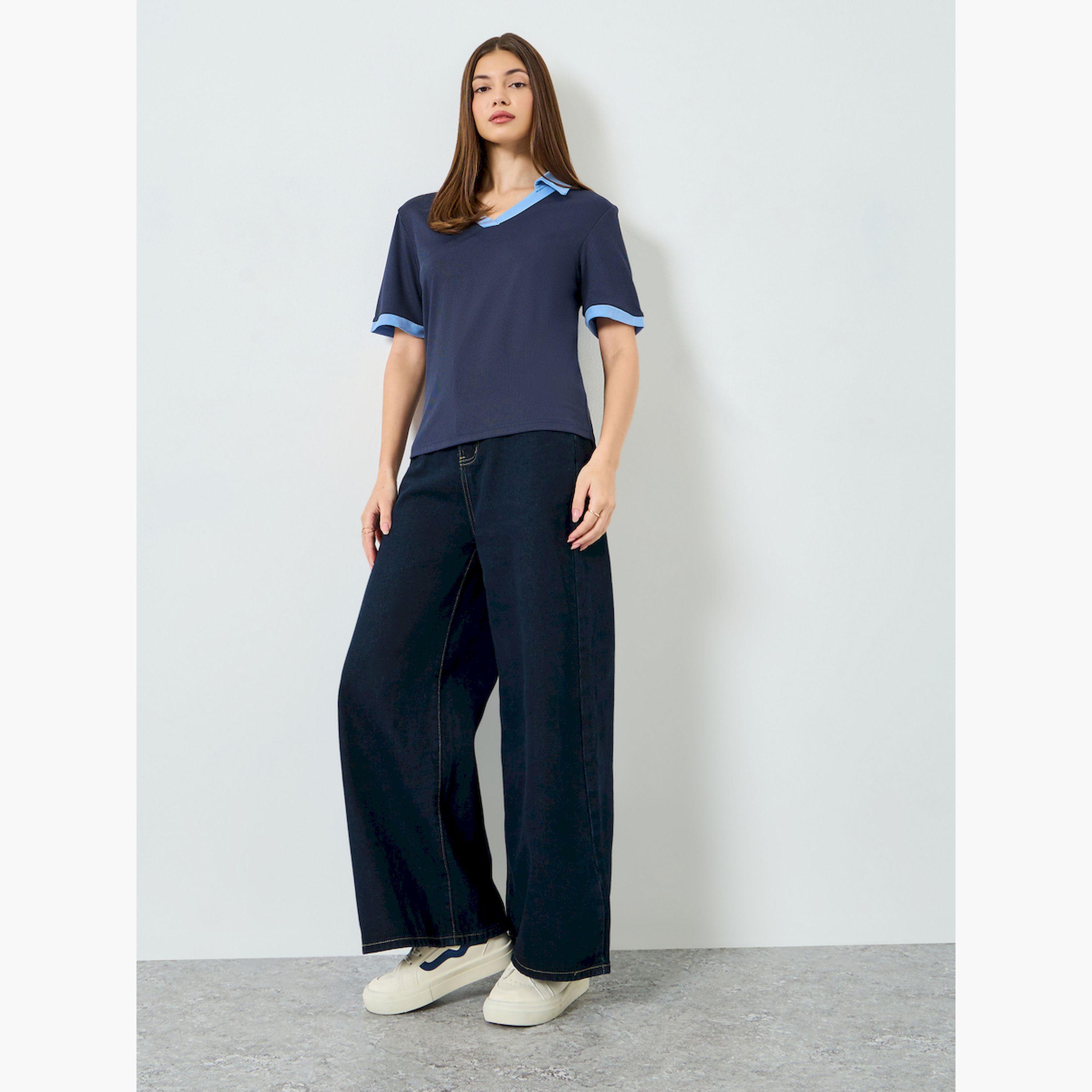 Styli Navy Blue Contrast Trim V-Neck Knit T-Shirt-women-clothing-tshirts-image-2