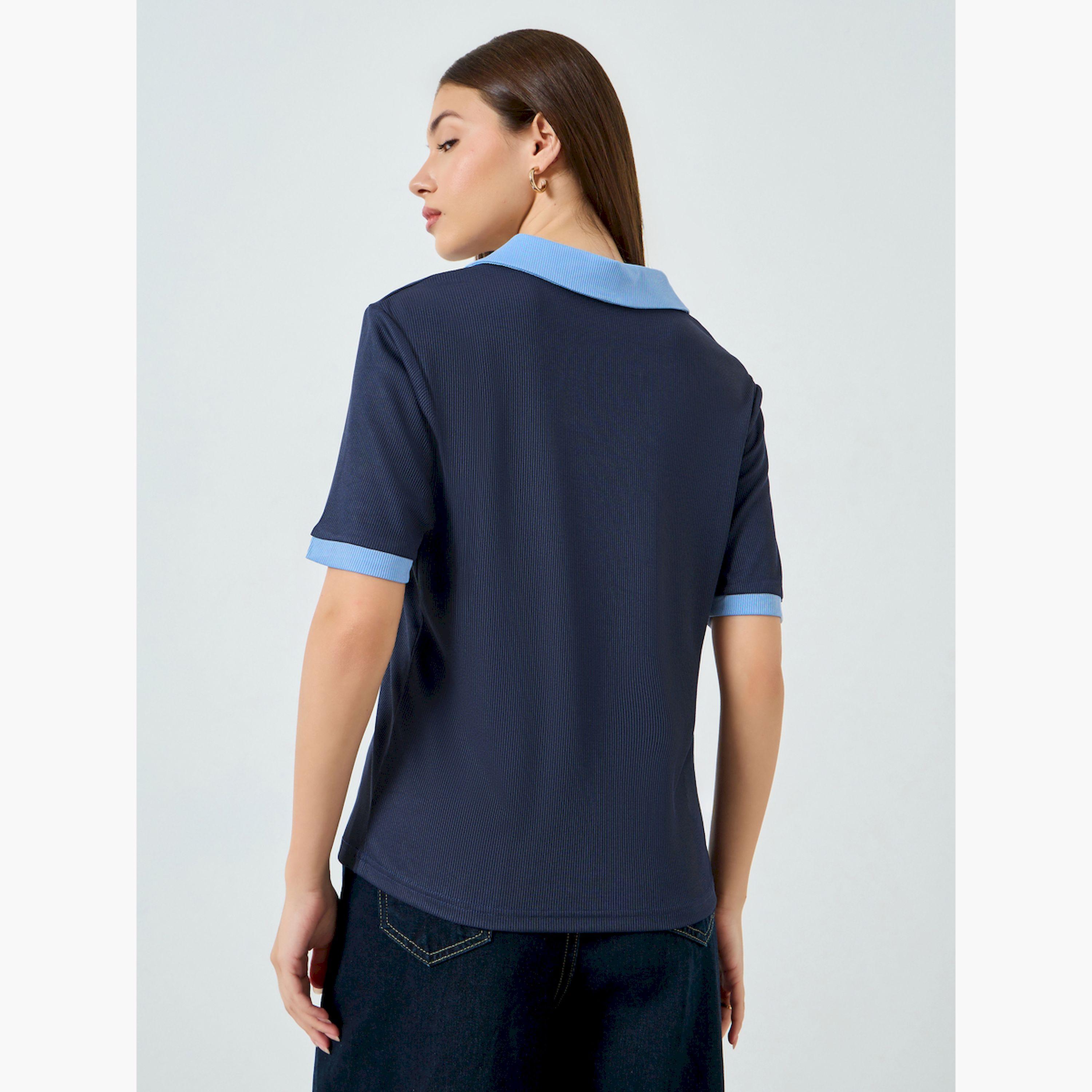 Styli Navy Blue Contrast Trim V-Neck Knit T-Shirt-women-clothing-tshirts-image-4