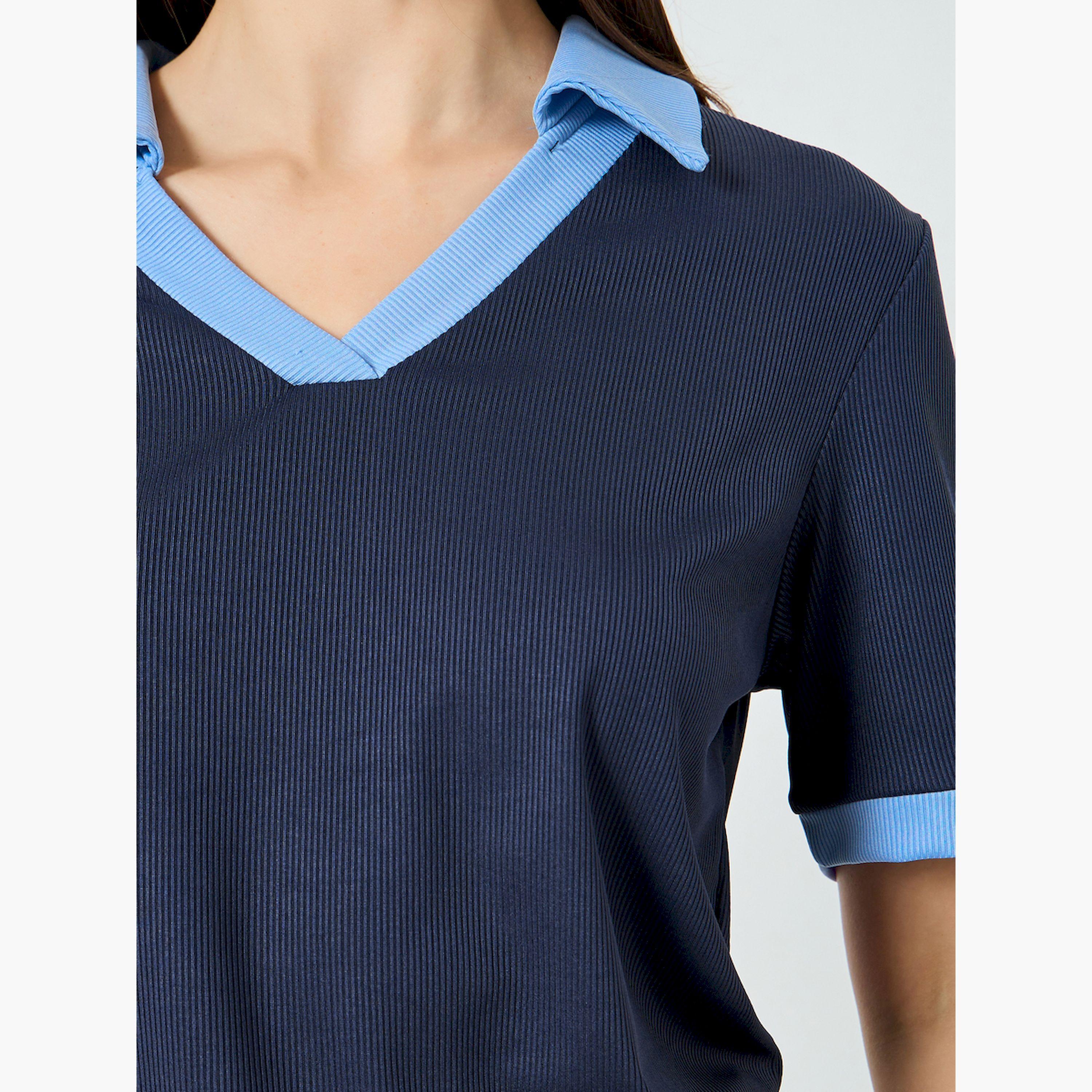Styli Navy Blue Contrast Trim V-Neck Knit T-Shirt-women-clothing-tshirts-image-5