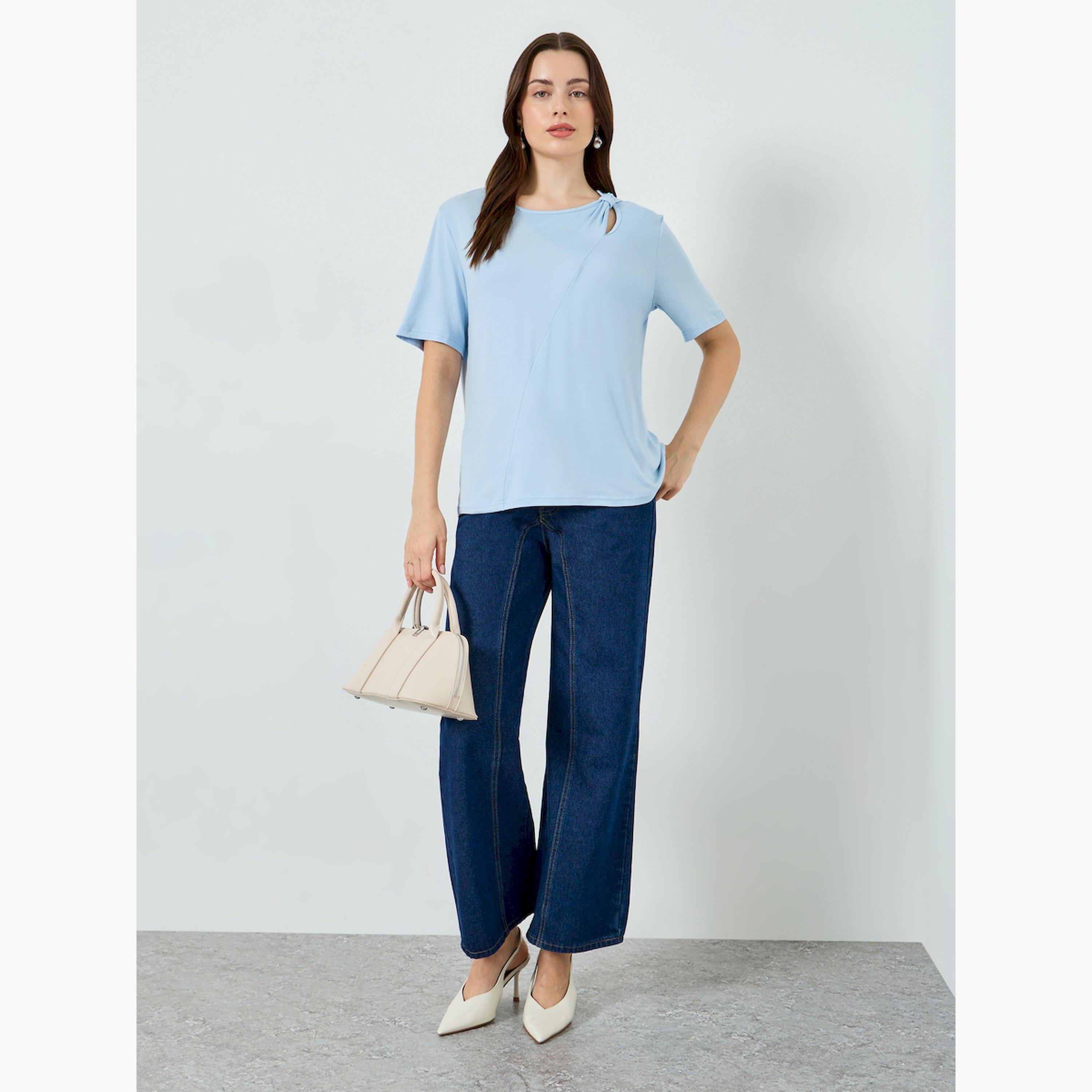 Styli Blue Cut-Out Detail Round Neck T-Shirt-women-clothing-tshirts-image-2