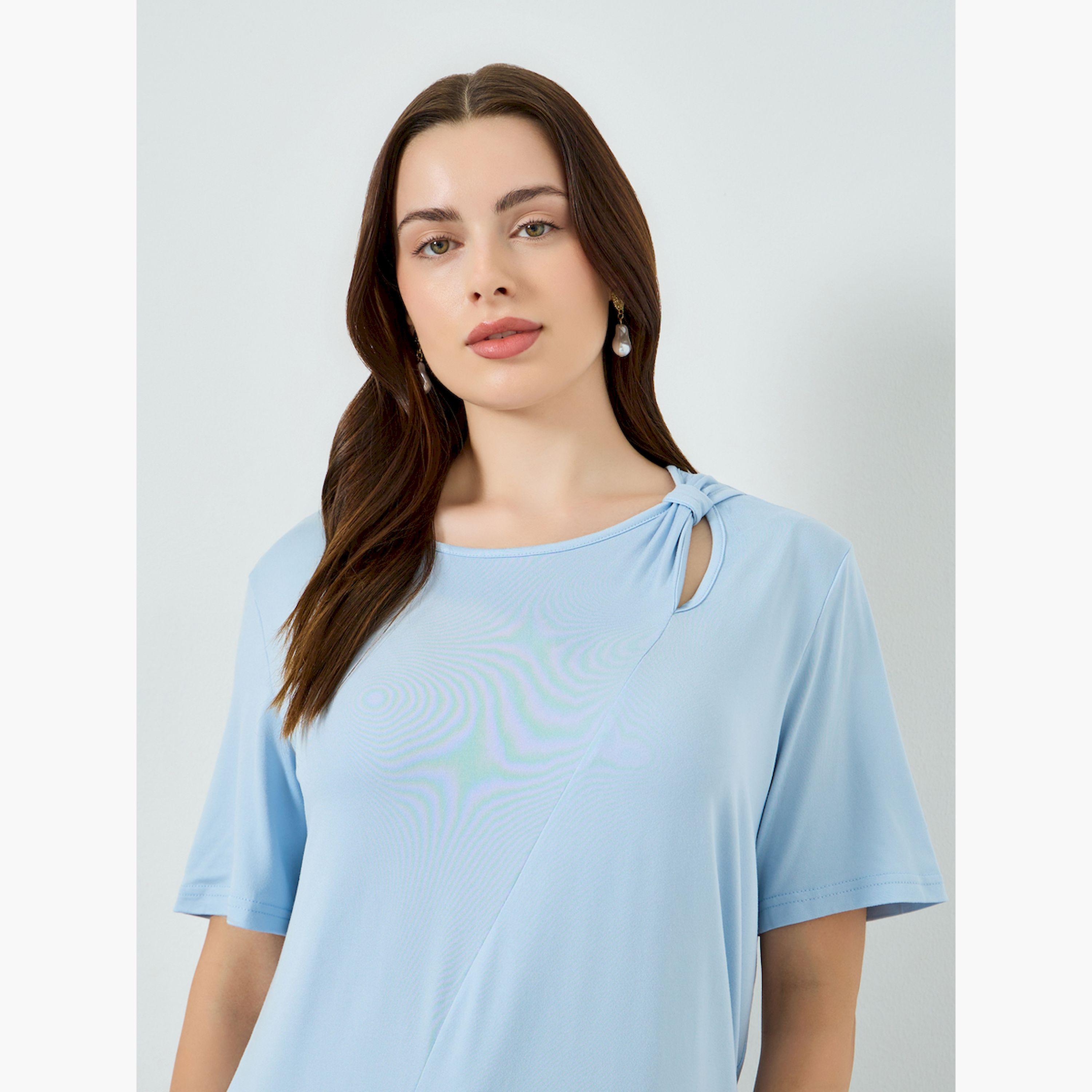 Styli Blue Cut-Out Detail Round Neck T-Shirt-women-clothing-tshirts-image-3