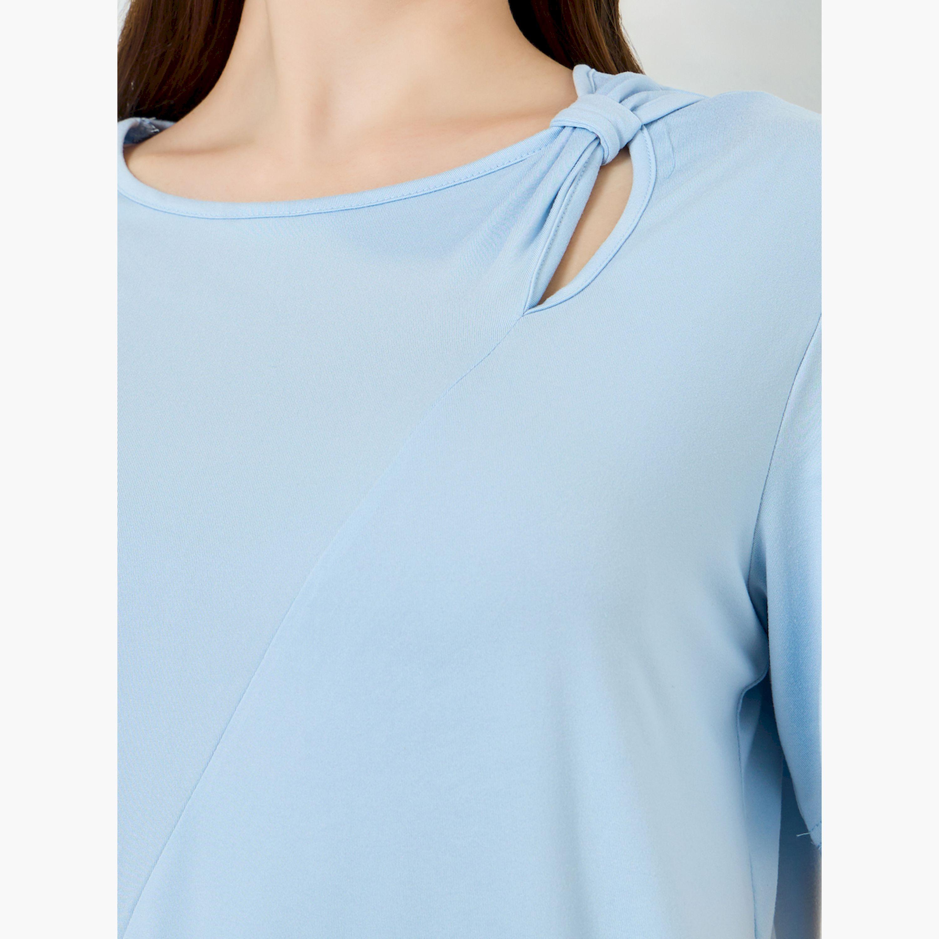 Styli Blue Cut-Out Detail Round Neck T-Shirt-women-clothing-tshirts-image-5