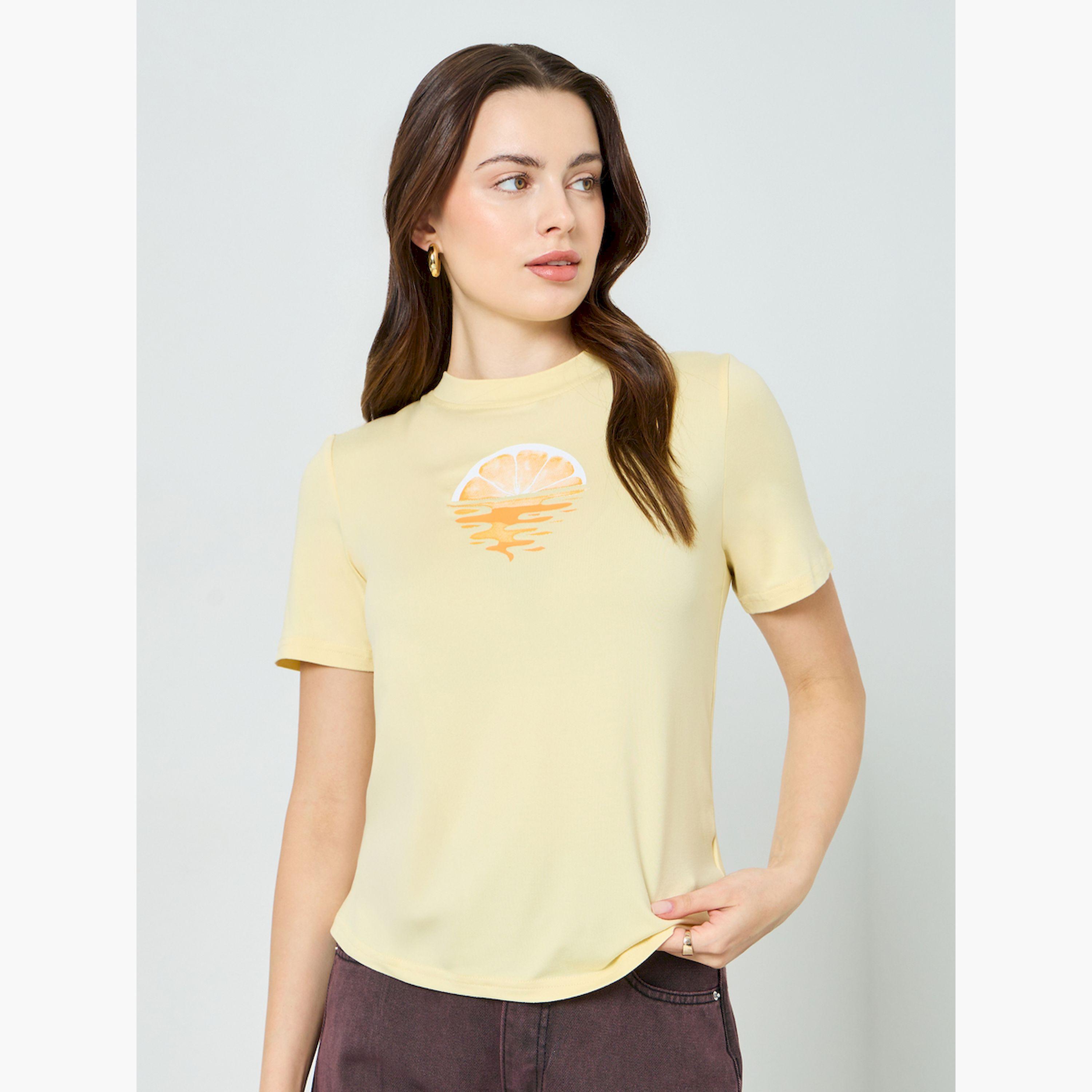 Styli Yellow Graphic Print Round Neck T-Shirt-women-clothing-tshirts-image-1
