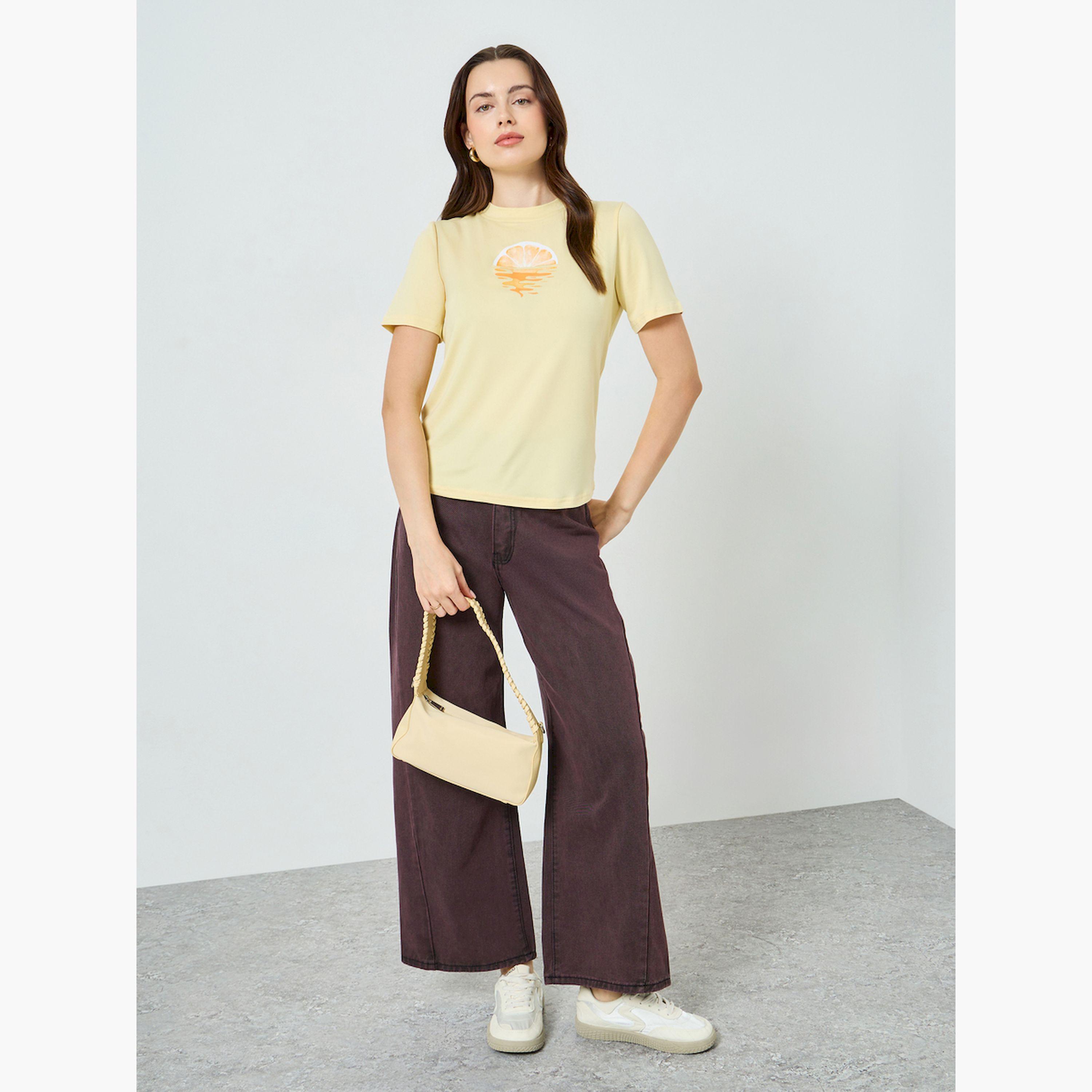 Styli Yellow Graphic Print Round Neck T-Shirt-women-clothing-tshirts-image-2