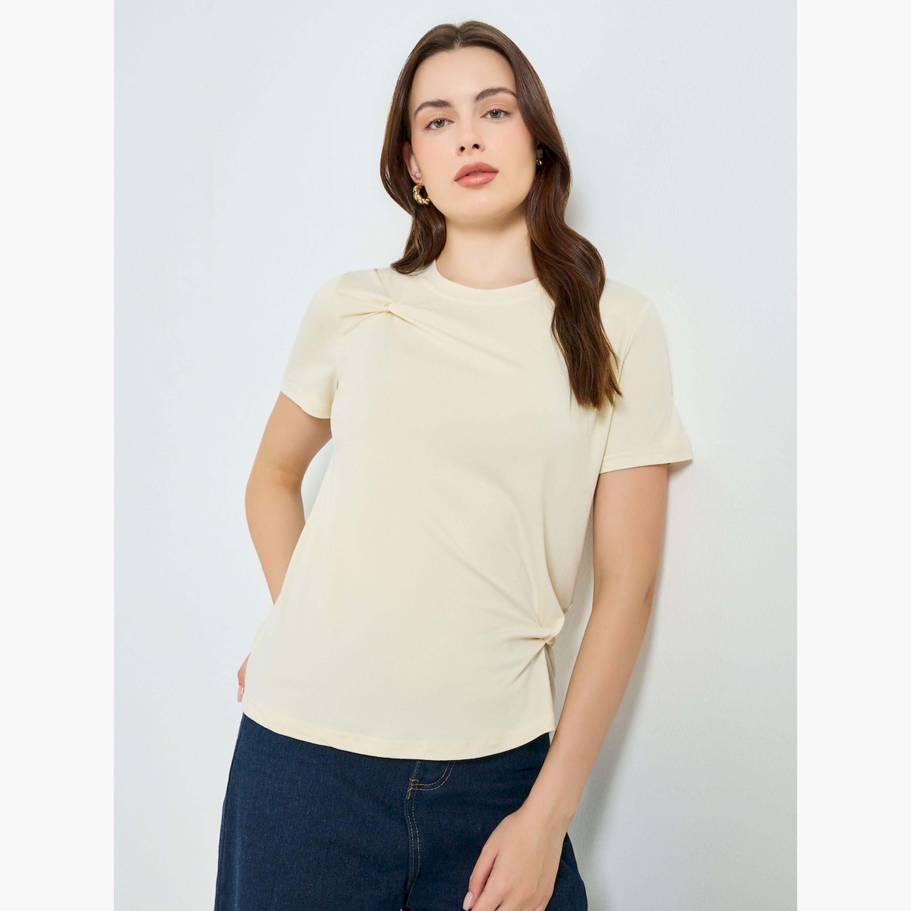 Styli Beige Knot Twist Detail T-Shirt-women-clothing-tshirts-image-1