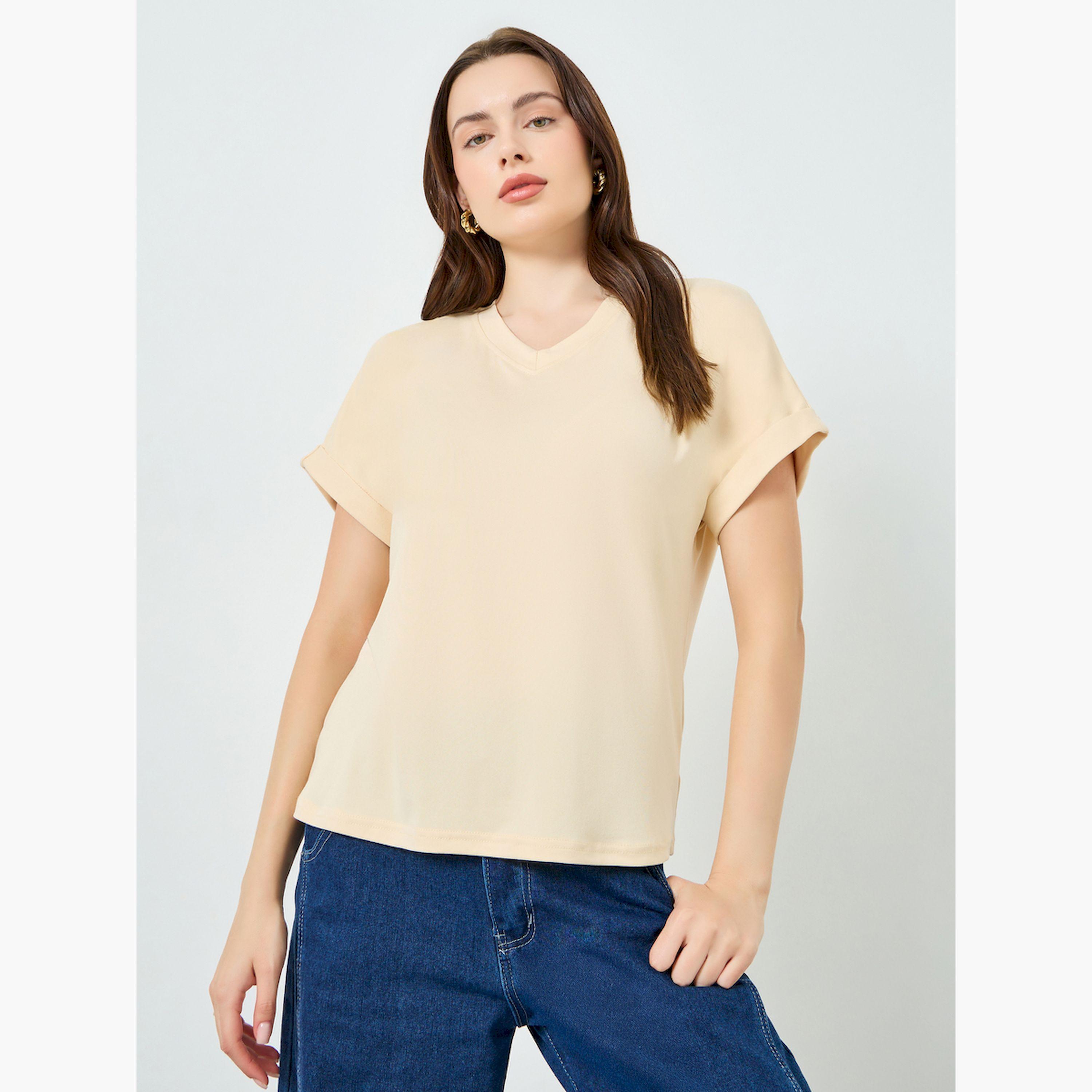 Styli Beige V Neck T-Shirt with Turn-Up Sleeves-women-clothing-tshirts-image-1
