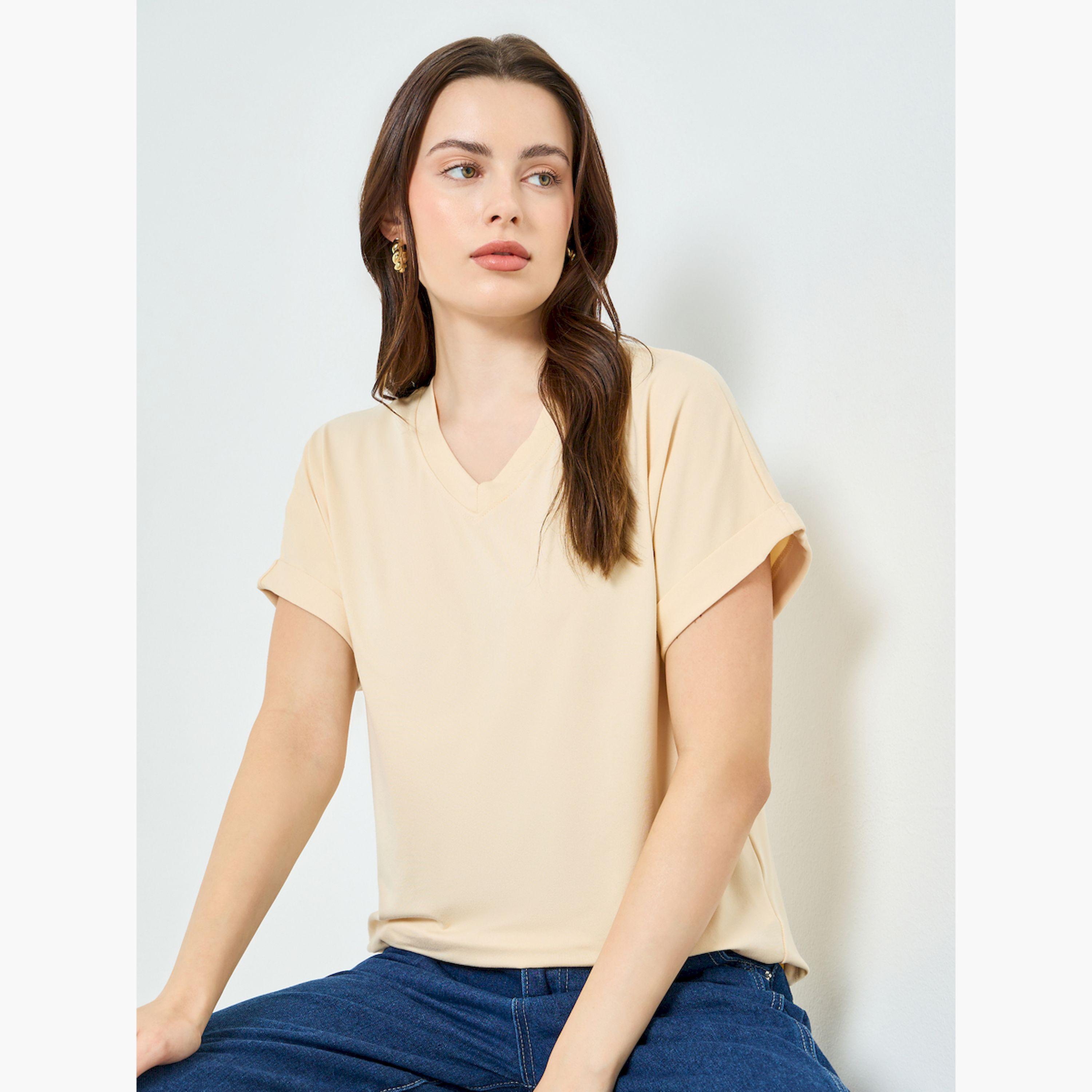 Styli Beige V Neck T-Shirt with Turn-Up Sleeves-women-clothing-tshirts-image-3