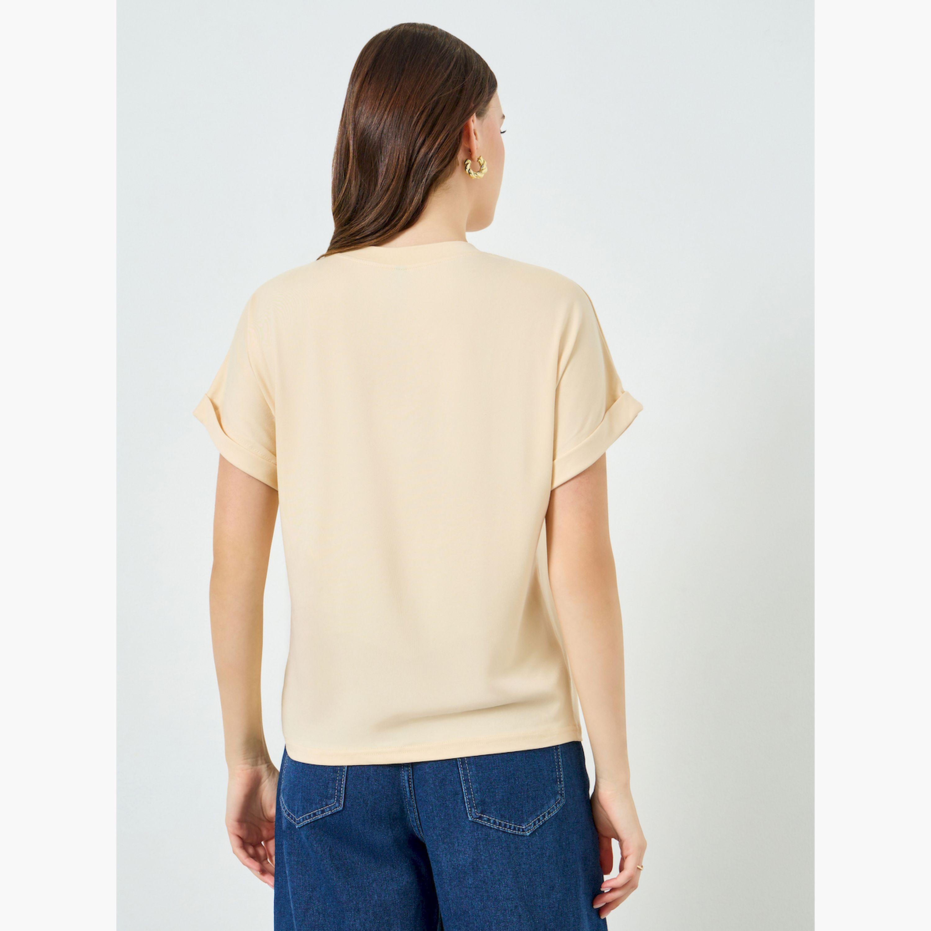 Styli Beige V Neck T-Shirt with Turn-Up Sleeves-women-clothing-tshirts-image-4