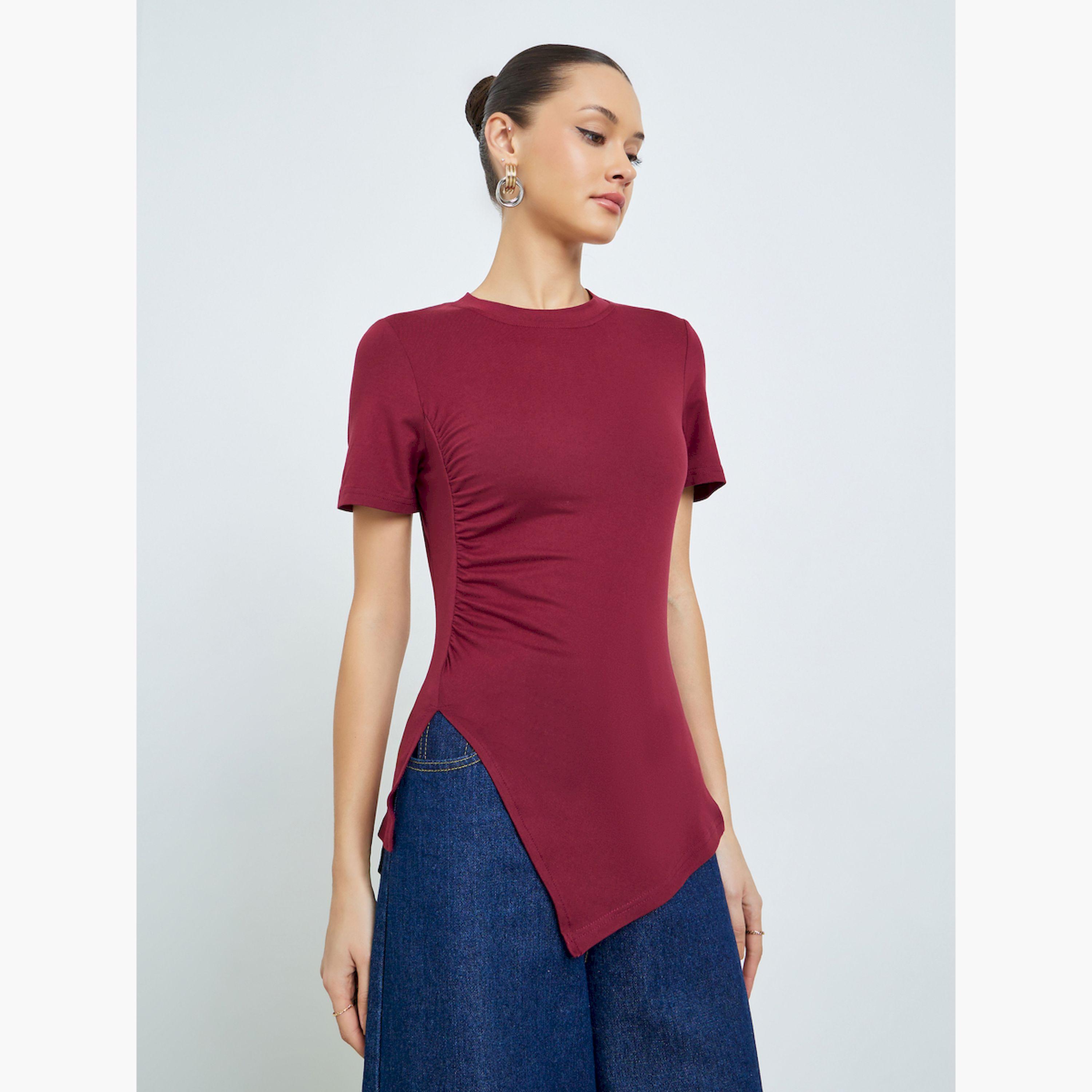 Styli Burgundy Asymmetrical Hem T-Shirt-women-clothing-tshirts-image-1