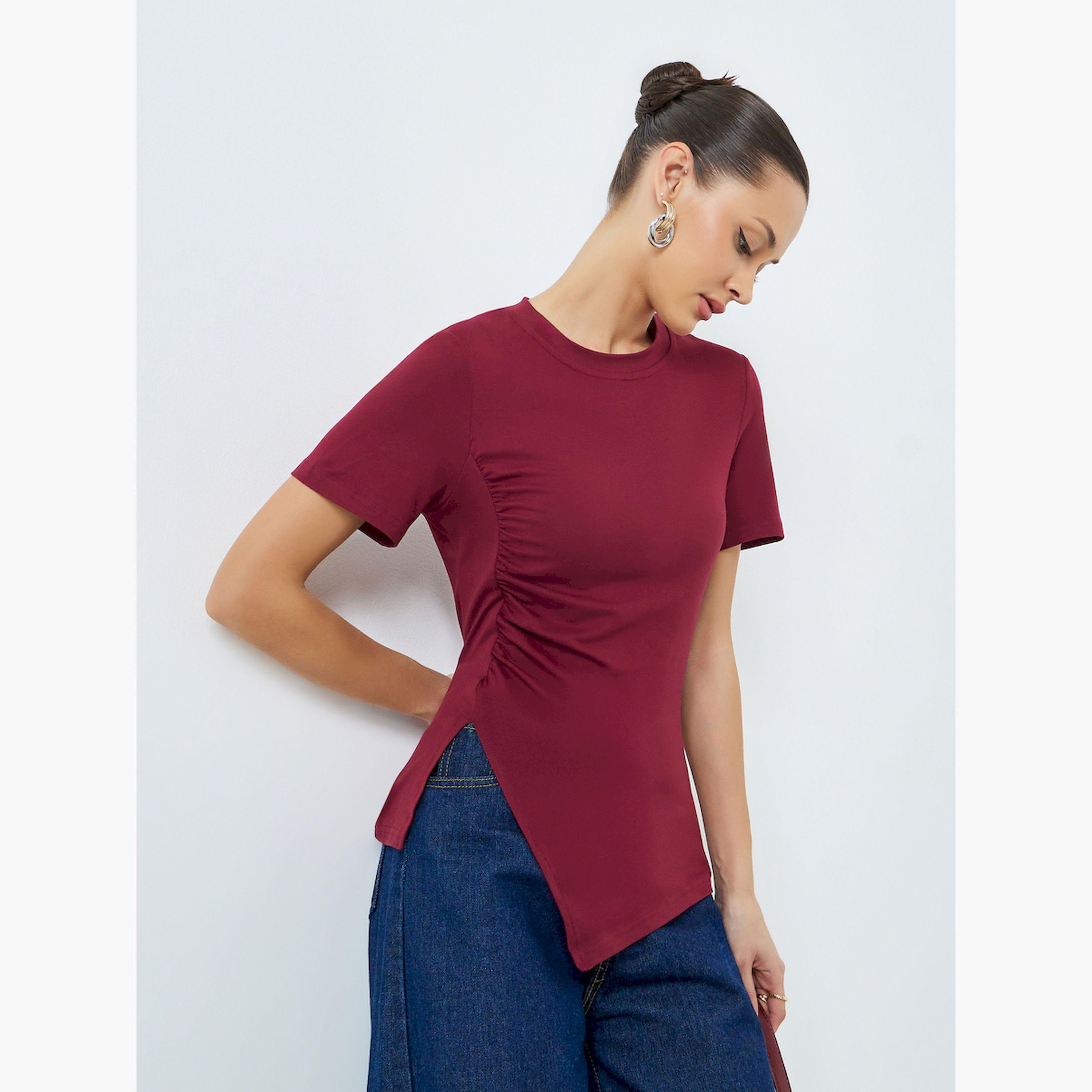 Styli Burgundy Asymmetrical Hem T-Shirt-women-clothing-tshirts-image-3