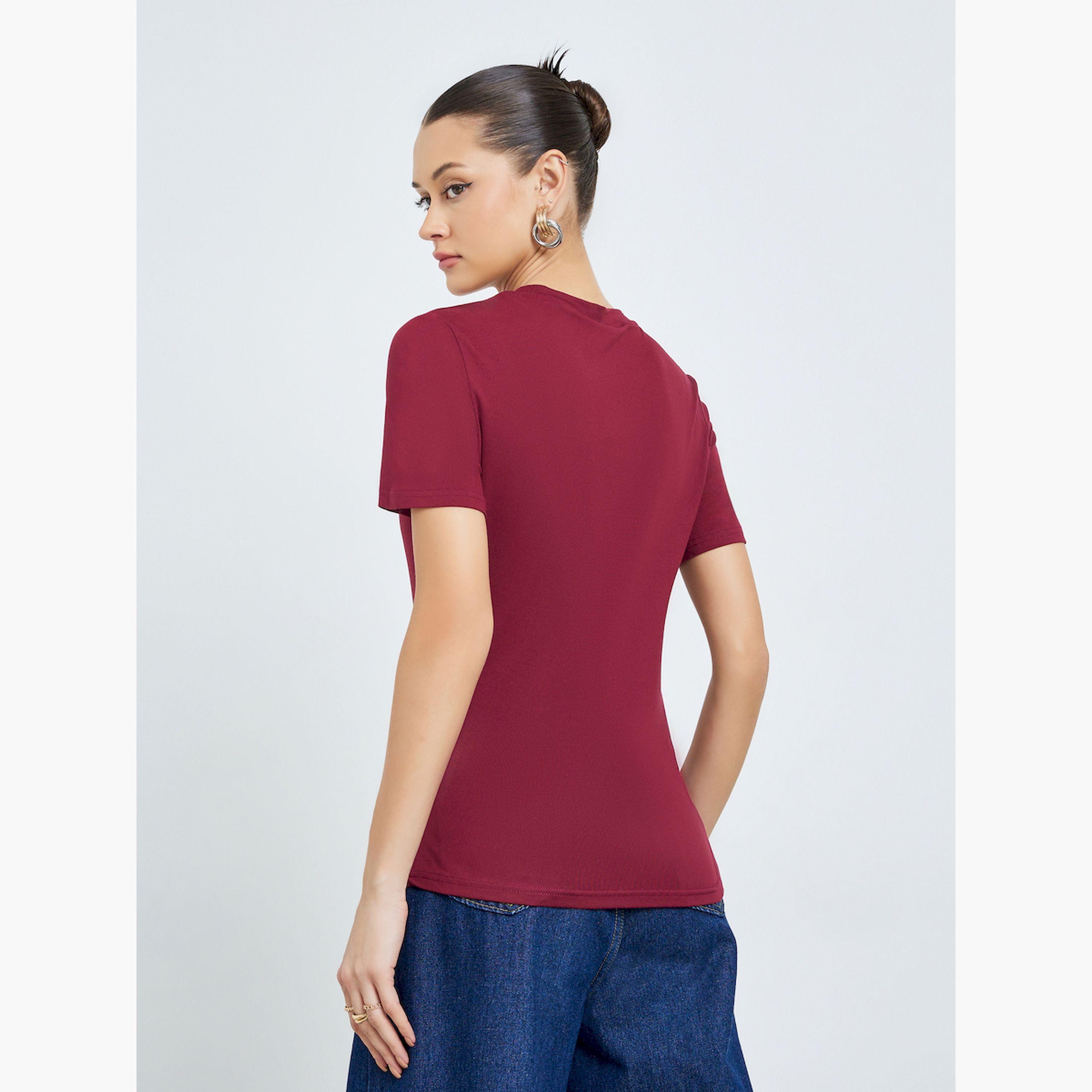 Styli Burgundy Asymmetrical Hem T-Shirt-women-clothing-tshirts-image-4