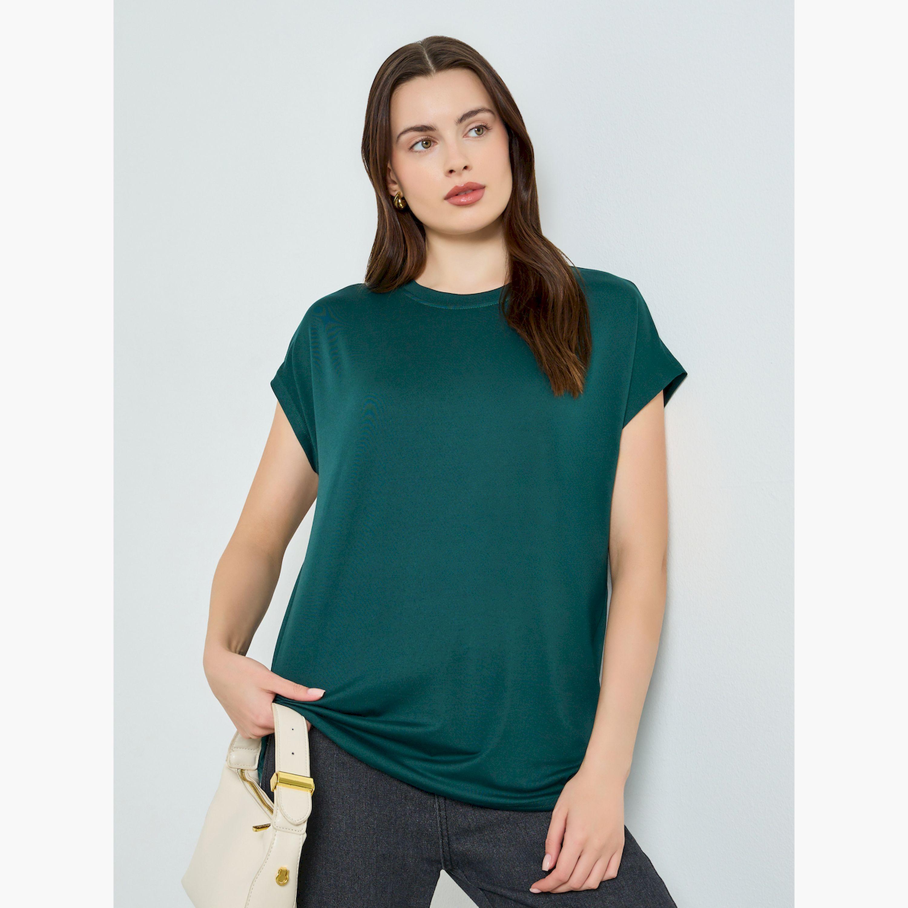 Styli Green Relaxed Fit Solid T-Shirt-women-clothing-tshirts-image-1