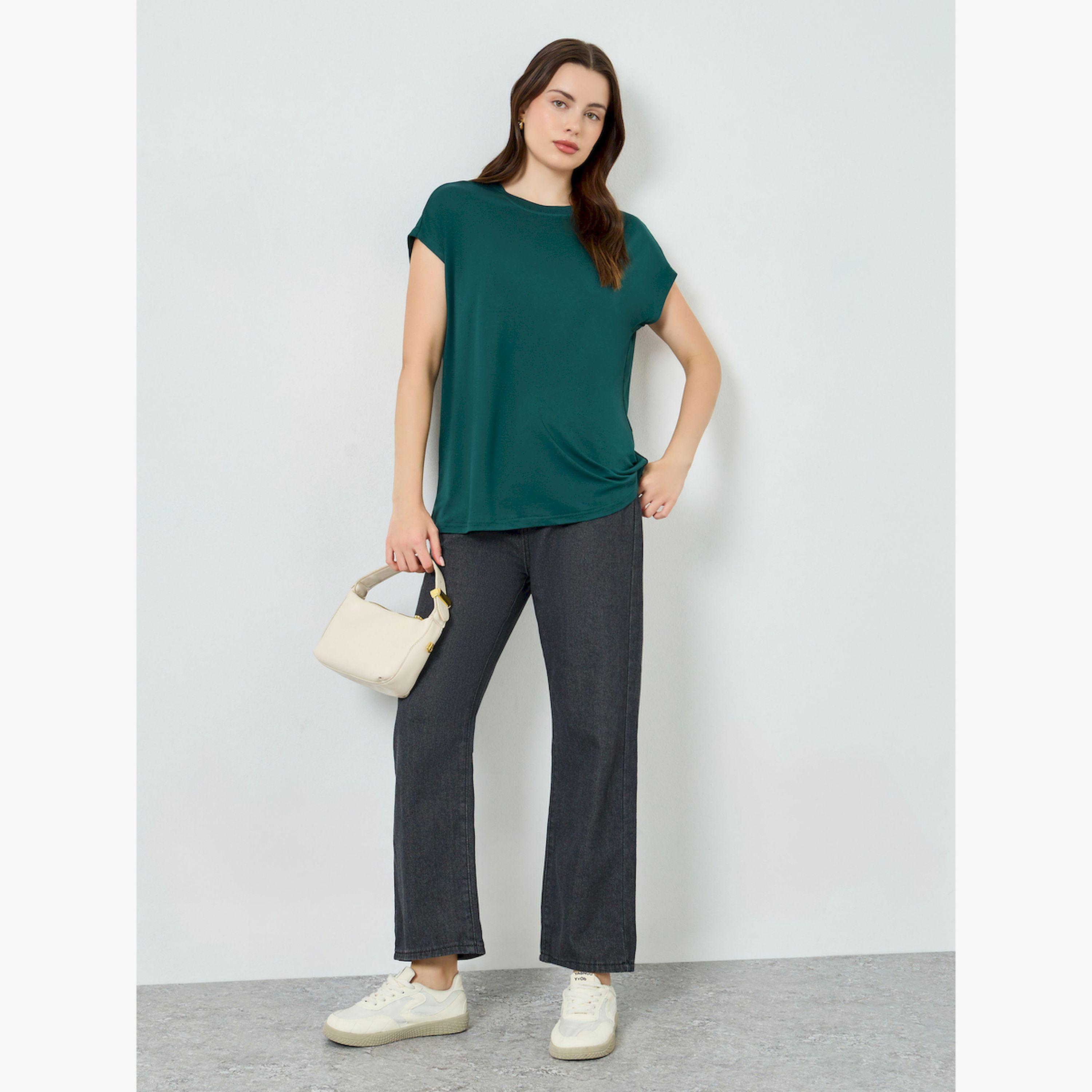 Styli Green Relaxed Fit Solid T-Shirt-women-clothing-tshirts-image-2
