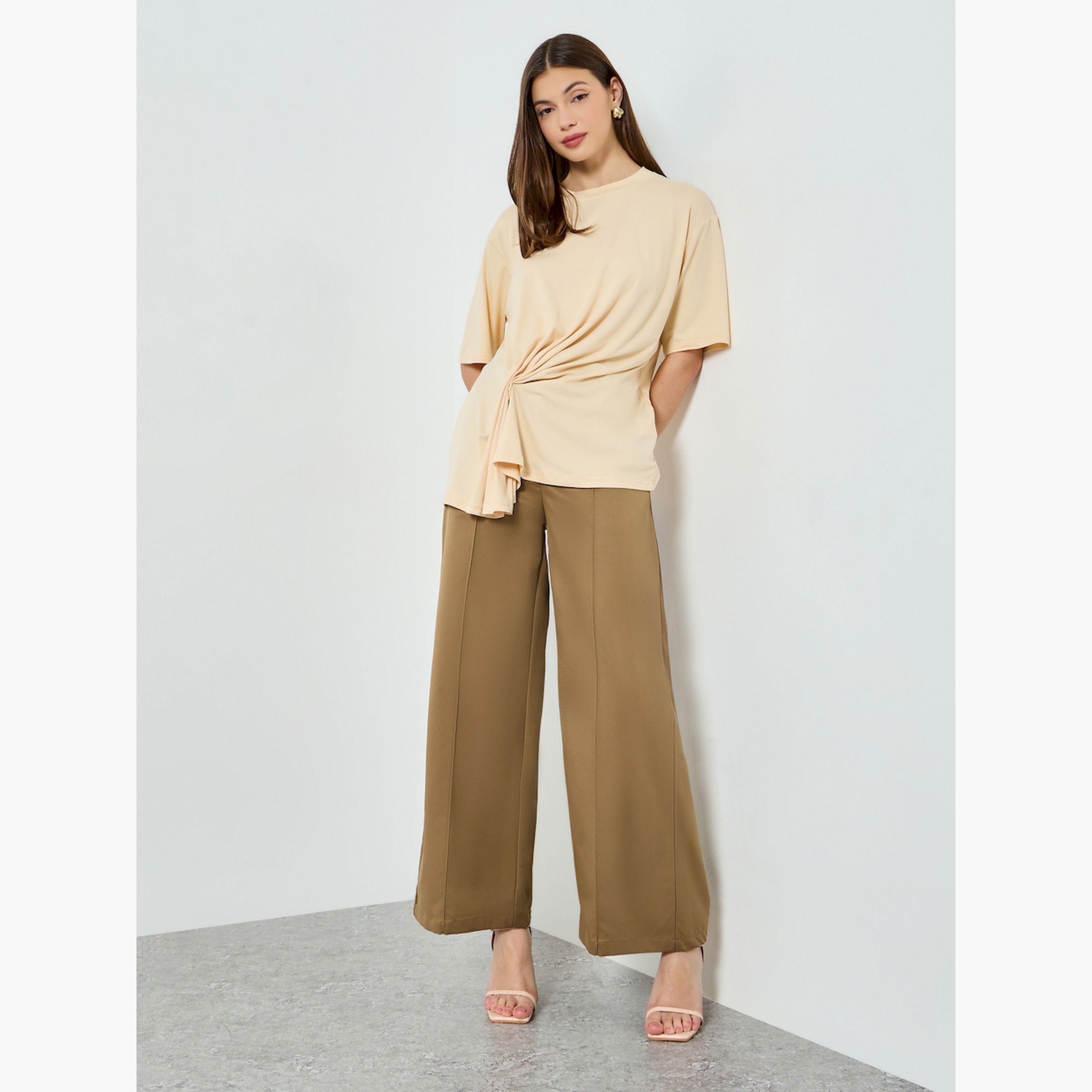 Styli Beige Twisted Front Oversized T-Shirt-women-clothing-tshirts-image-2