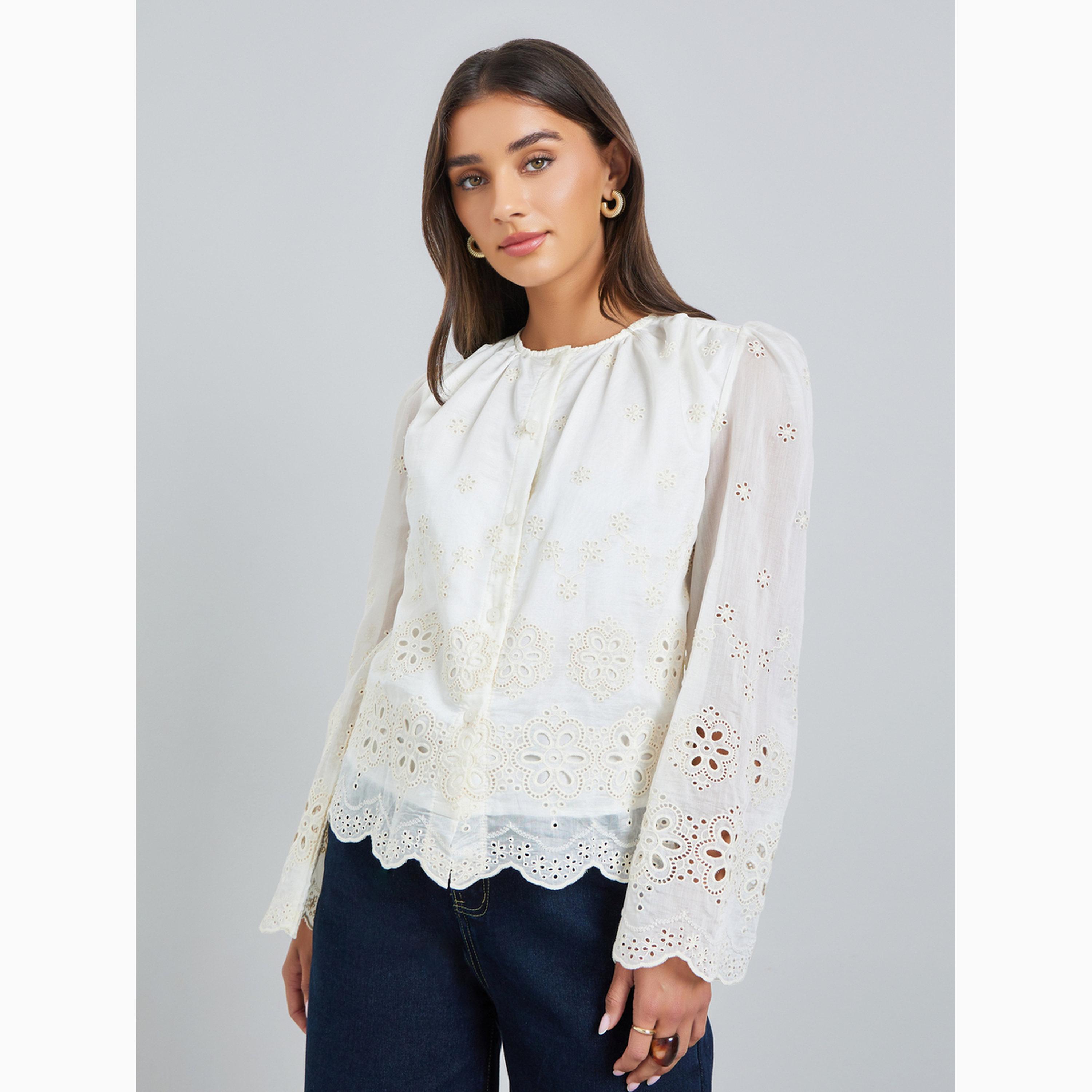 Styli Off White Schiffli Button Front Top-women-clothing-shirtsandblouses-blouses-image-1
