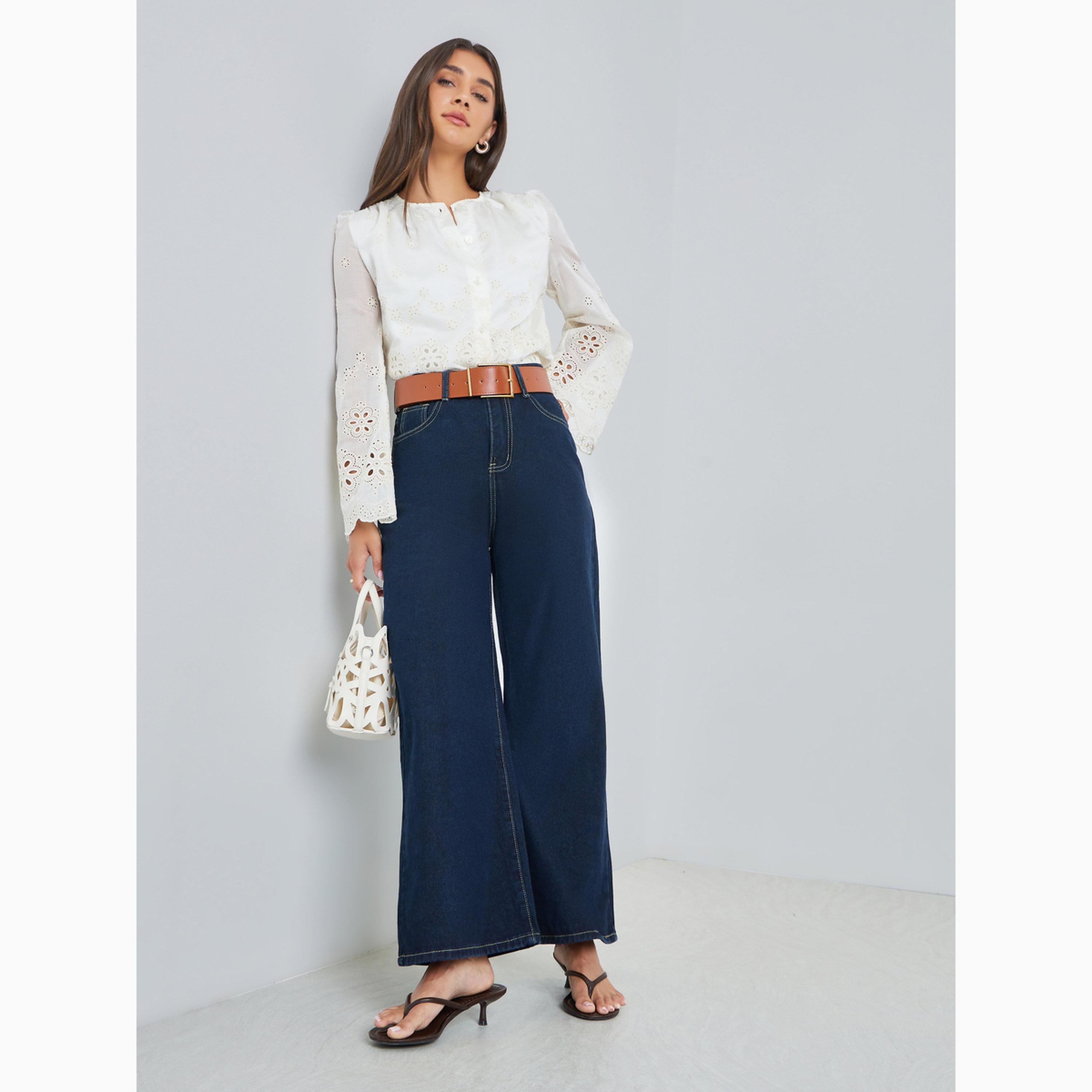Styli Off White Schiffli Button Front Top-women-clothing-shirtsandblouses-blouses-image-2