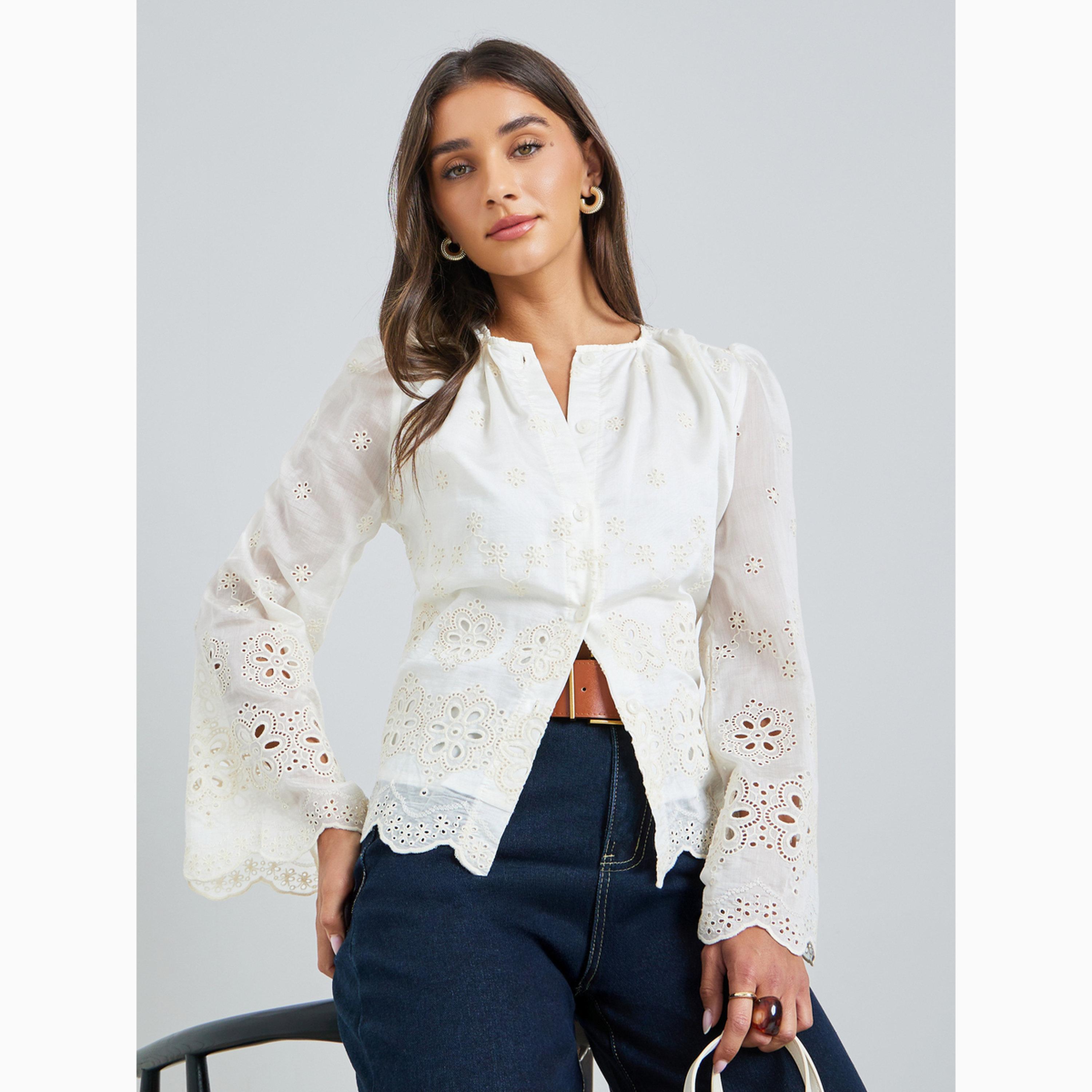 Styli Off White Schiffli Button Front Top-women-clothing-shirtsandblouses-blouses-image-3