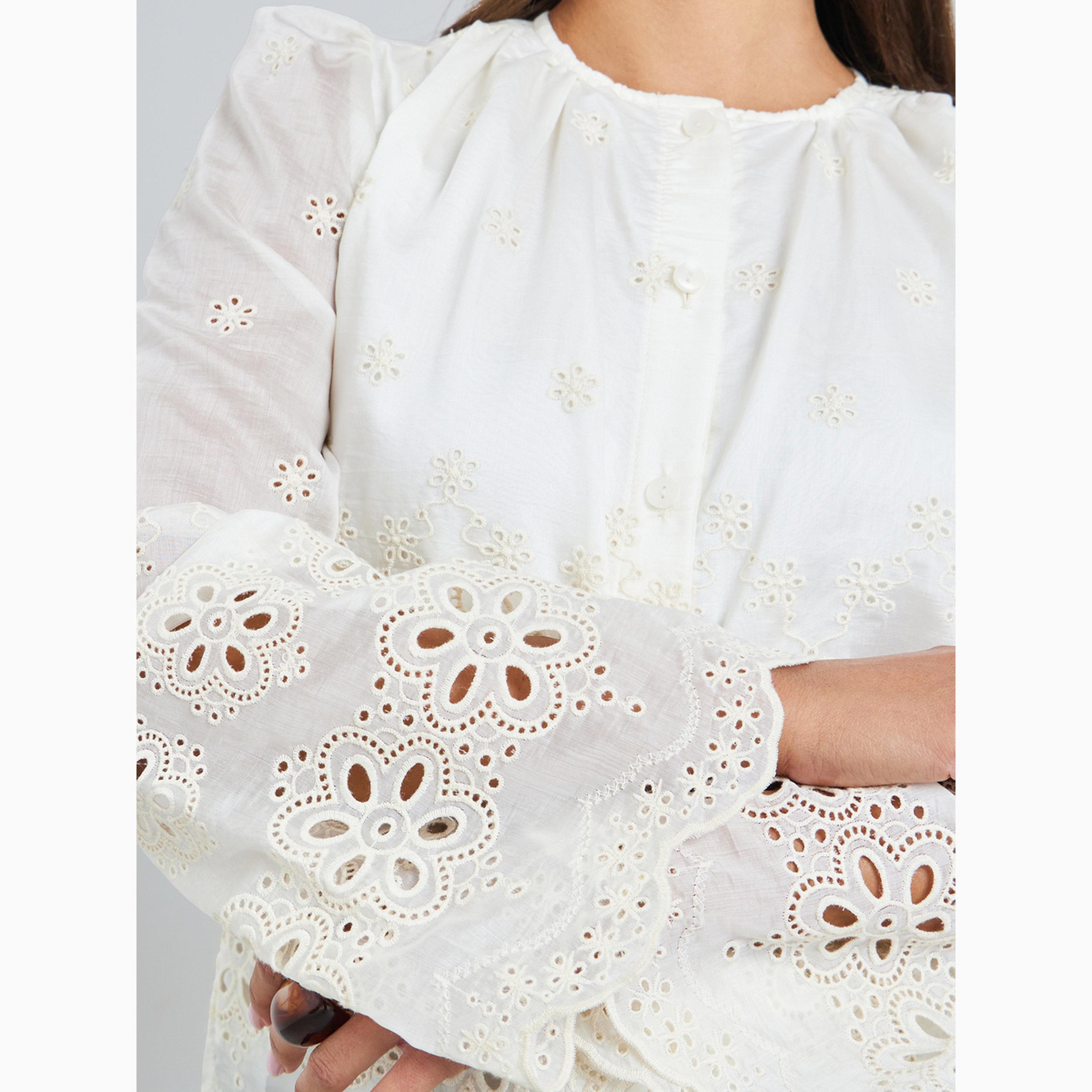 Styli Off White Schiffli Button Front Top-women-clothing-shirtsandblouses-blouses-image-4