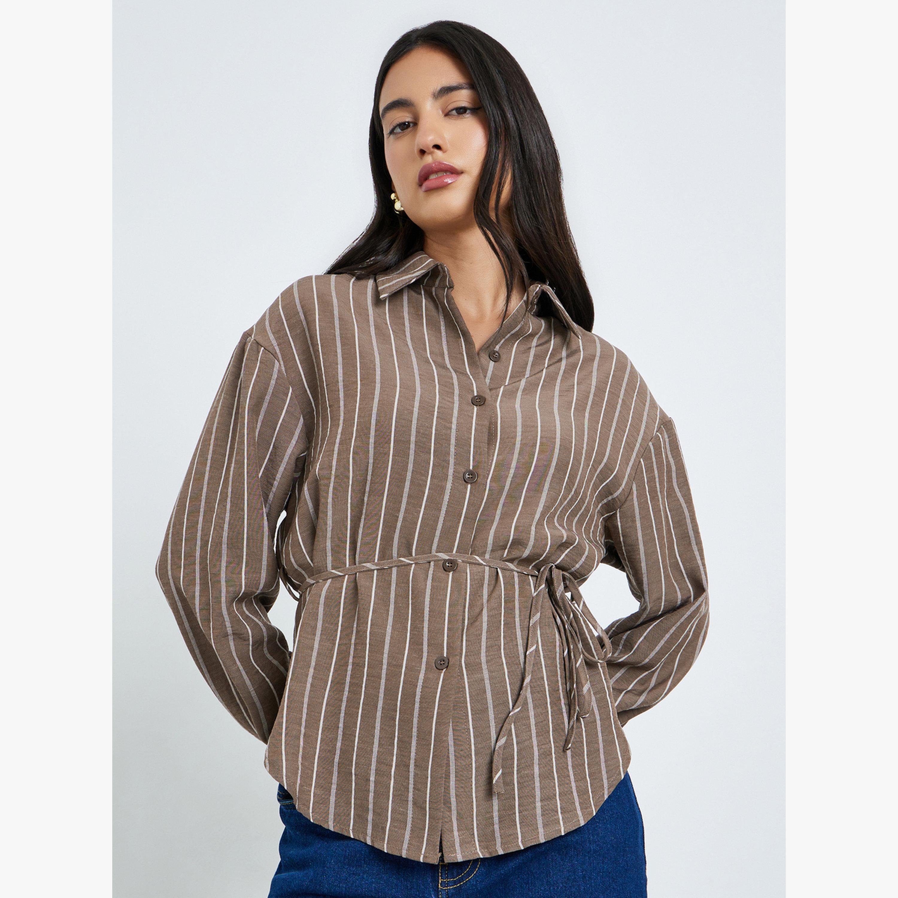 Styli Brown Striped Long Sleeve Shirt with Tie Waist-women-clothing-shirtsandblouses-blouses-image-1