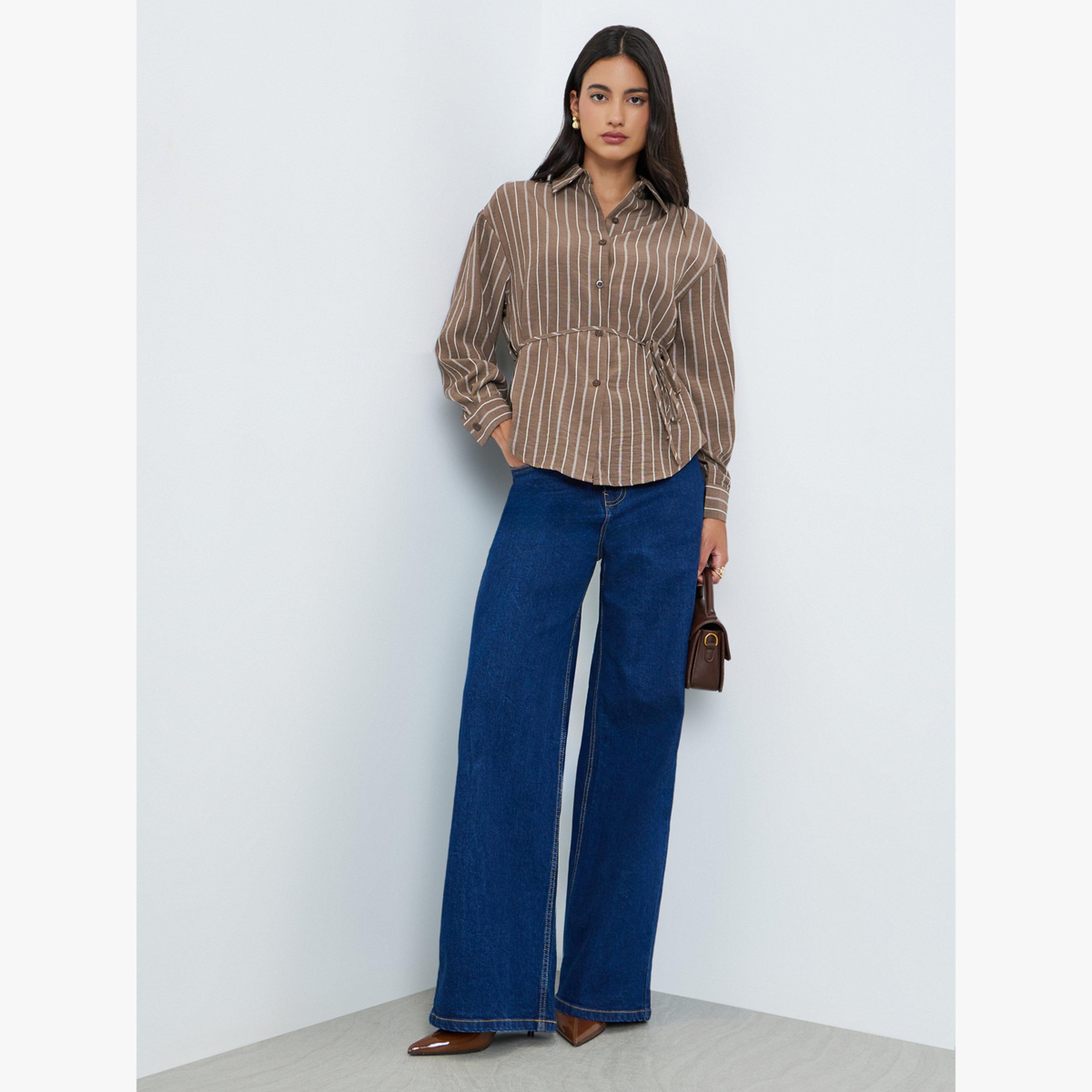 Styli Brown Striped Long Sleeve Shirt with Tie Waist-women-clothing-shirtsandblouses-blouses-image-2
