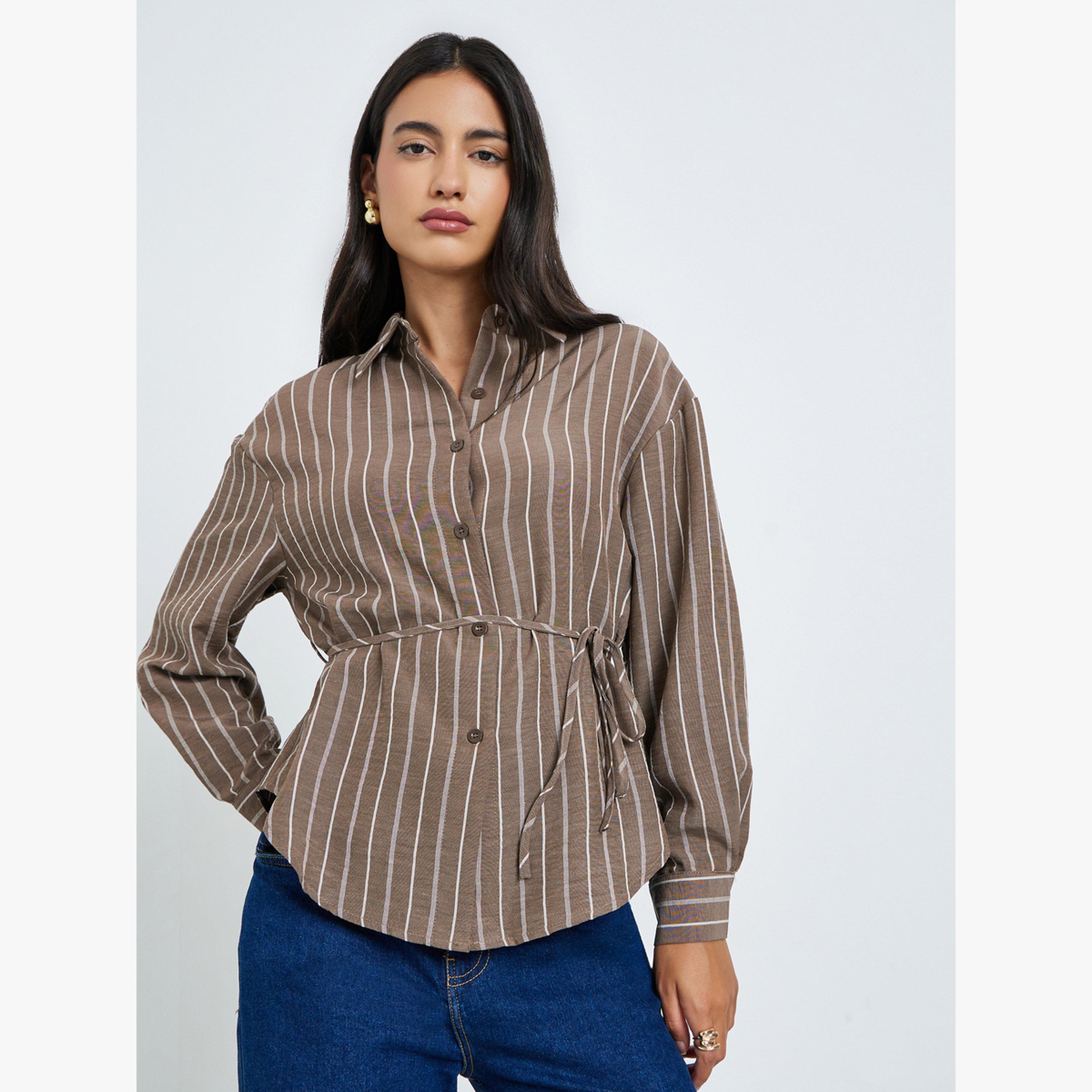 بلوزة مخططة بأكمام طويلة ورباط خصر-women-clothing-shirtsandblouses-blouses-image-3