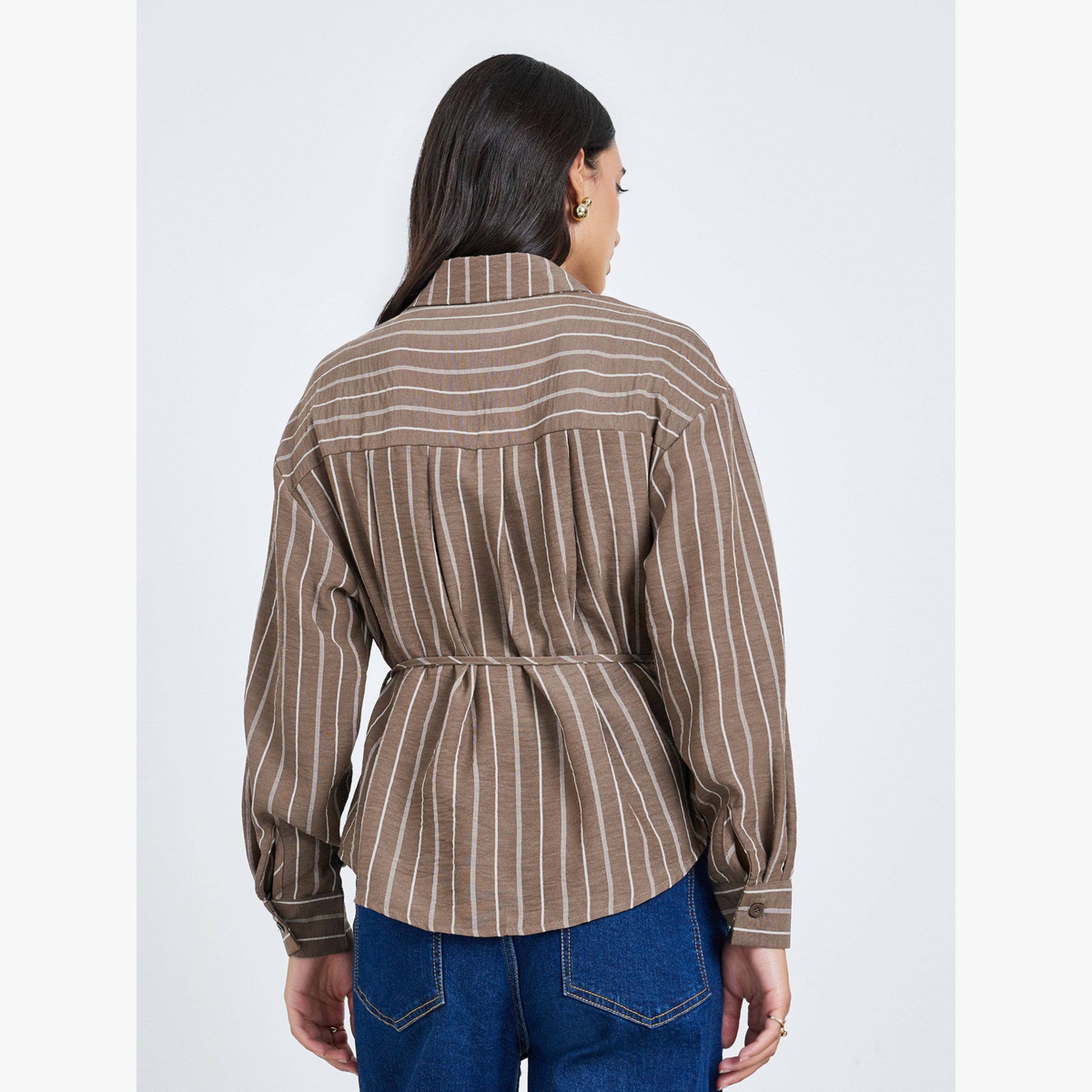 بلوزة مخططة بأكمام طويلة ورباط خصر-women-clothing-shirtsandblouses-blouses-image-4