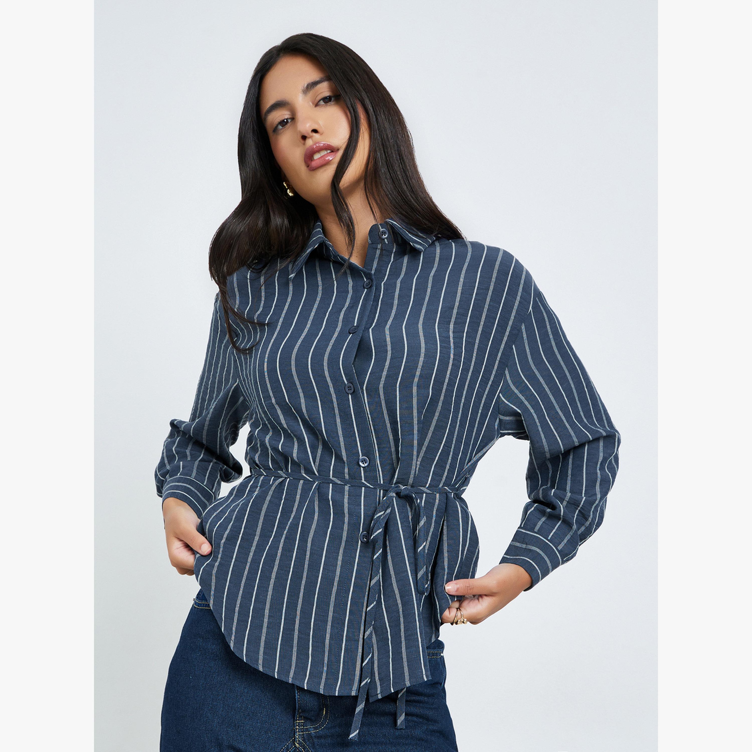بلوزة مخططة بأكمام طويلة ورباط خصر-women-clothing-shirtsandblouses-blouses-image-1