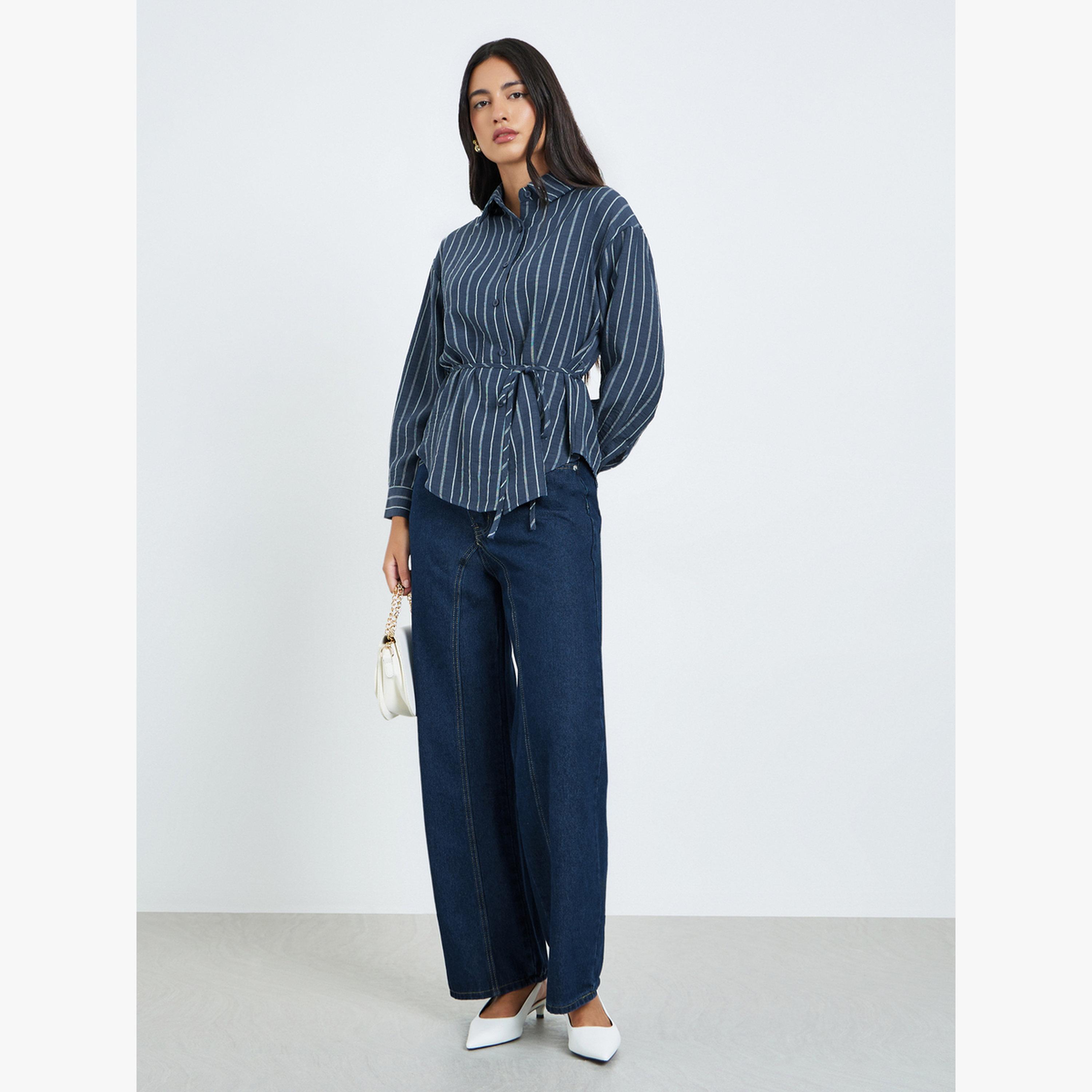 بلوزة مخططة بأكمام طويلة ورباط خصر-women-clothing-shirtsandblouses-blouses-image-2