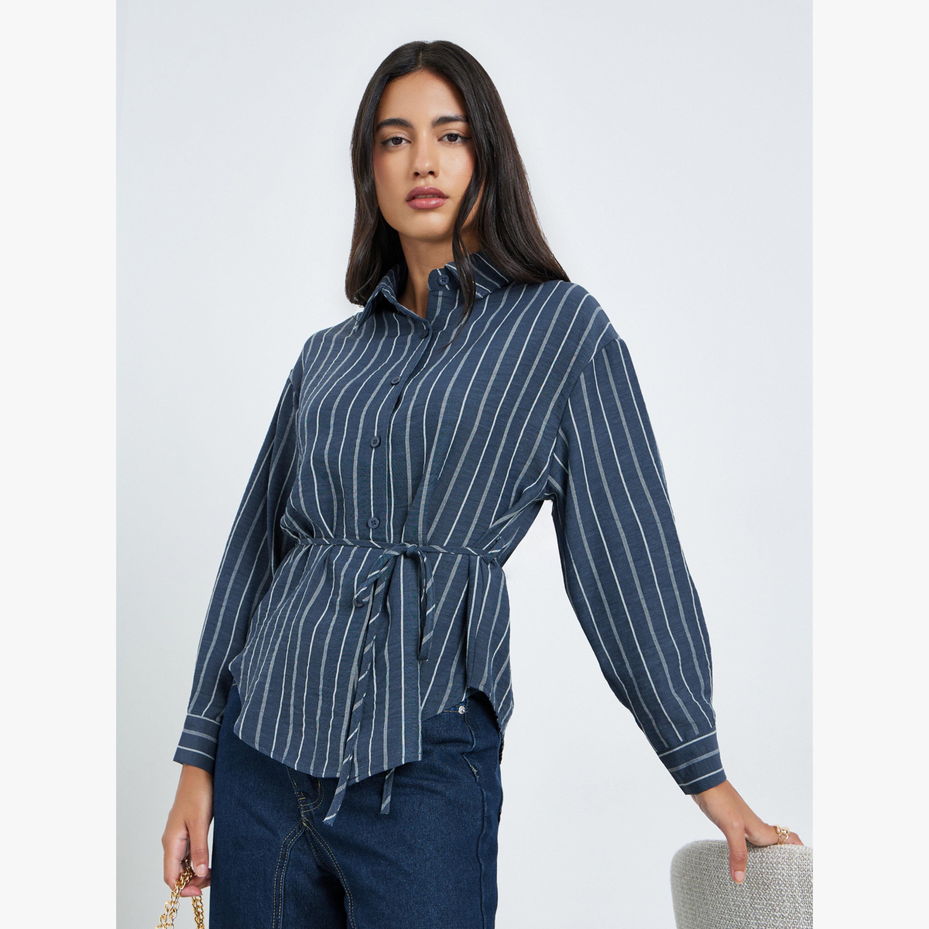 بلوزة مخططة بأكمام طويلة ورباط خصر-women-clothing-shirtsandblouses-blouses-image-3