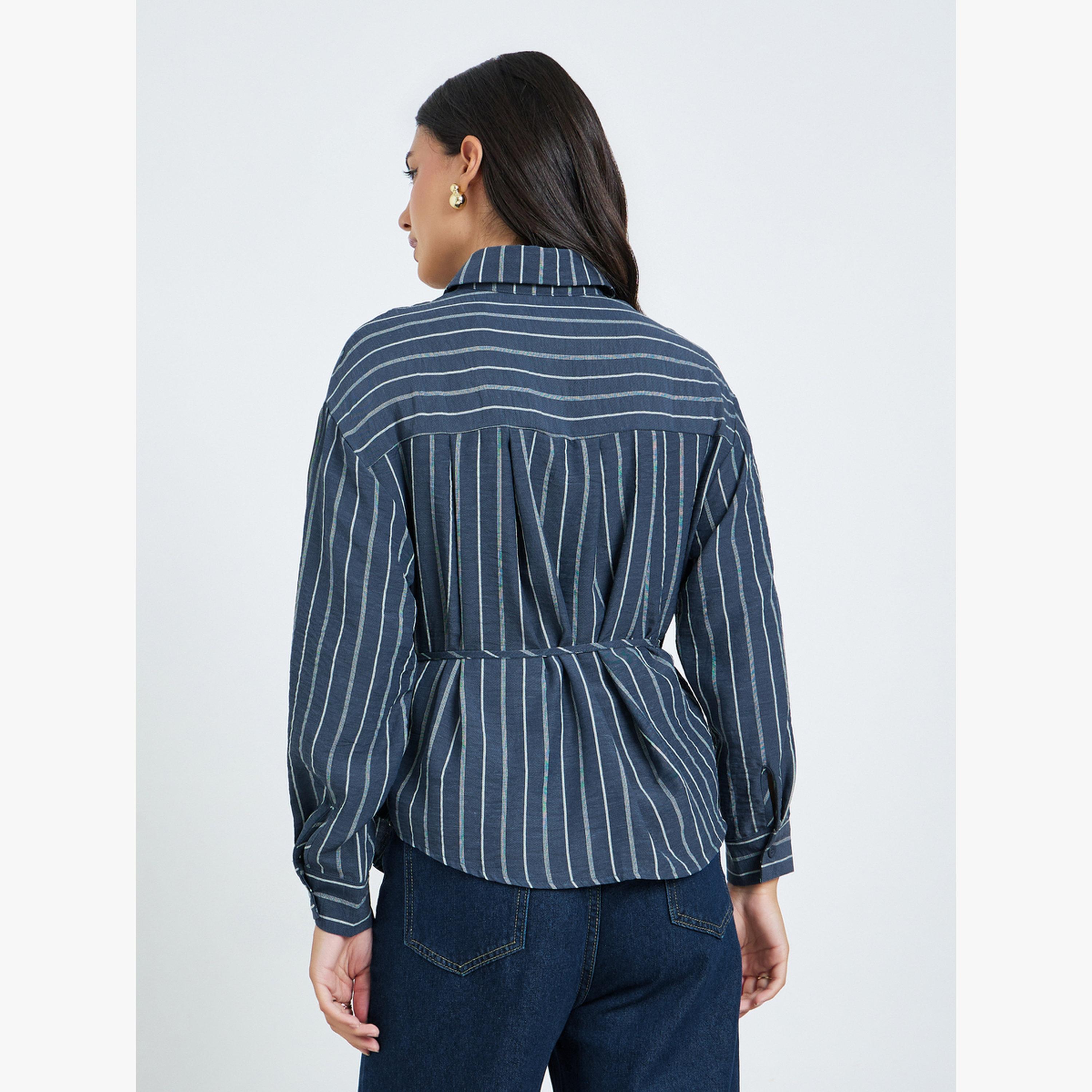 Styli Navy Striped Long Sleeve Shirt with Tie Waist-women-clothing-shirtsandblouses-blouses-image-4