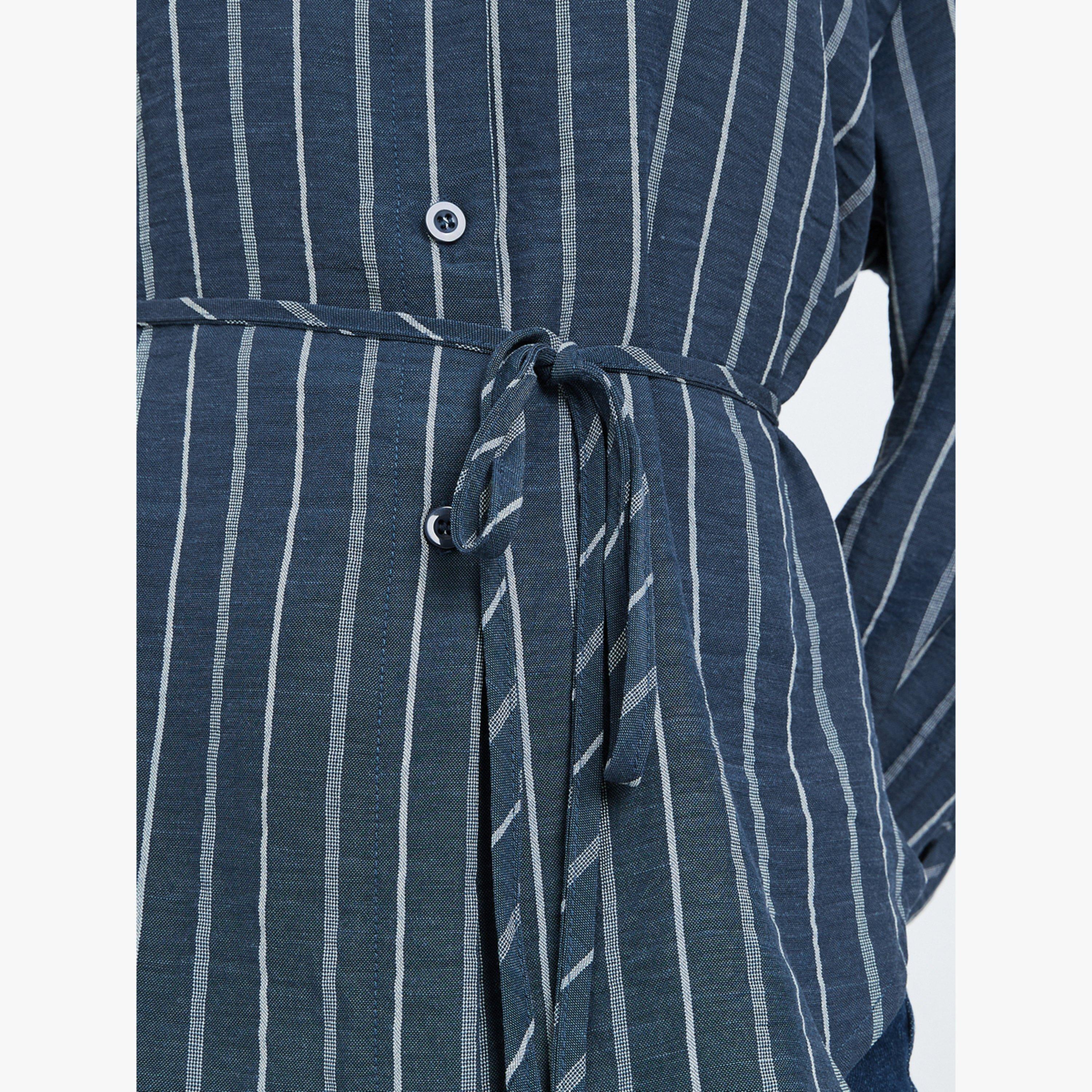 بلوزة مخططة بأكمام طويلة ورباط خصر-women-clothing-shirtsandblouses-blouses-image-5