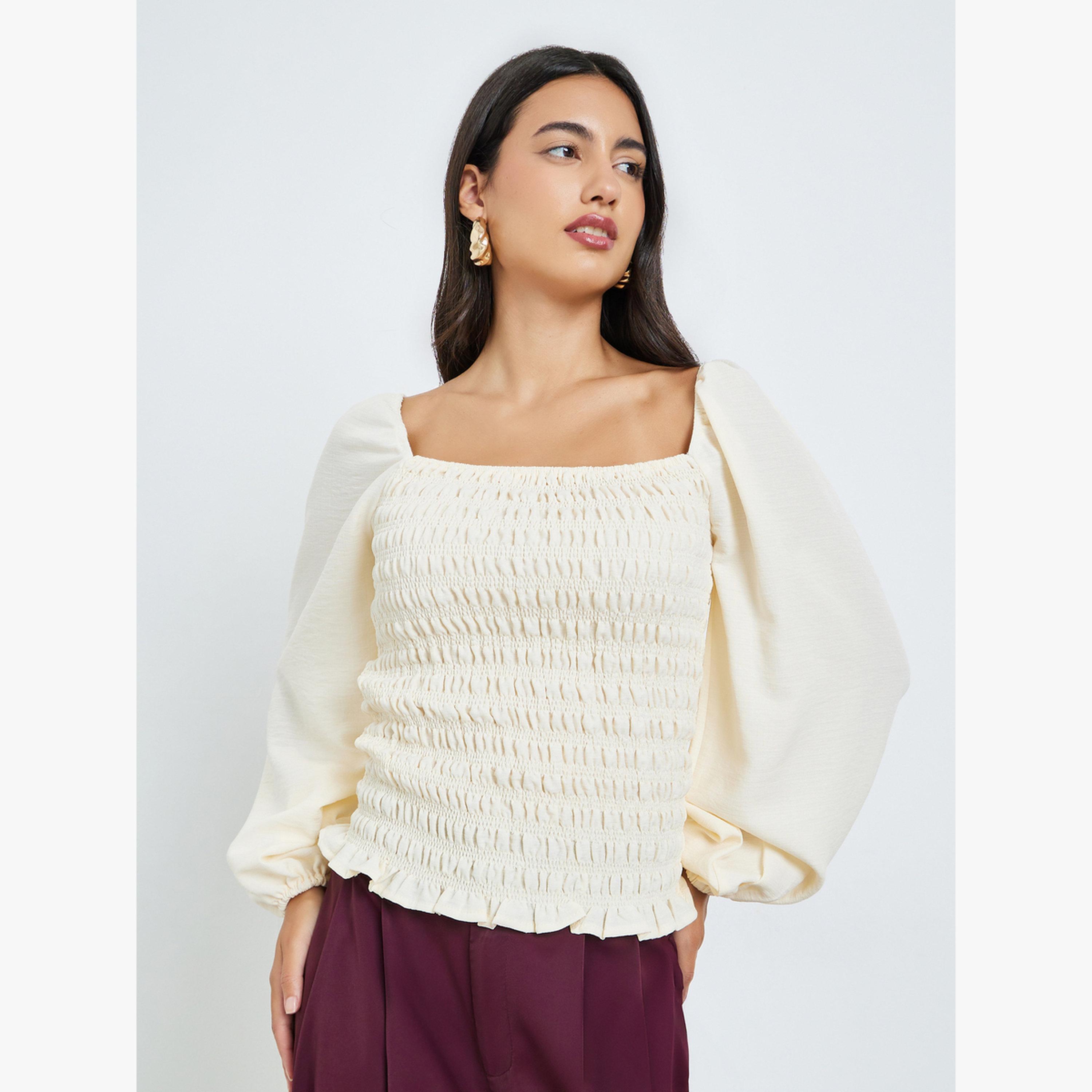 بلوزة بأكمام بالون وتفاصيل مزمومة-women-clothing-shirtsandblouses-blouses-image-1