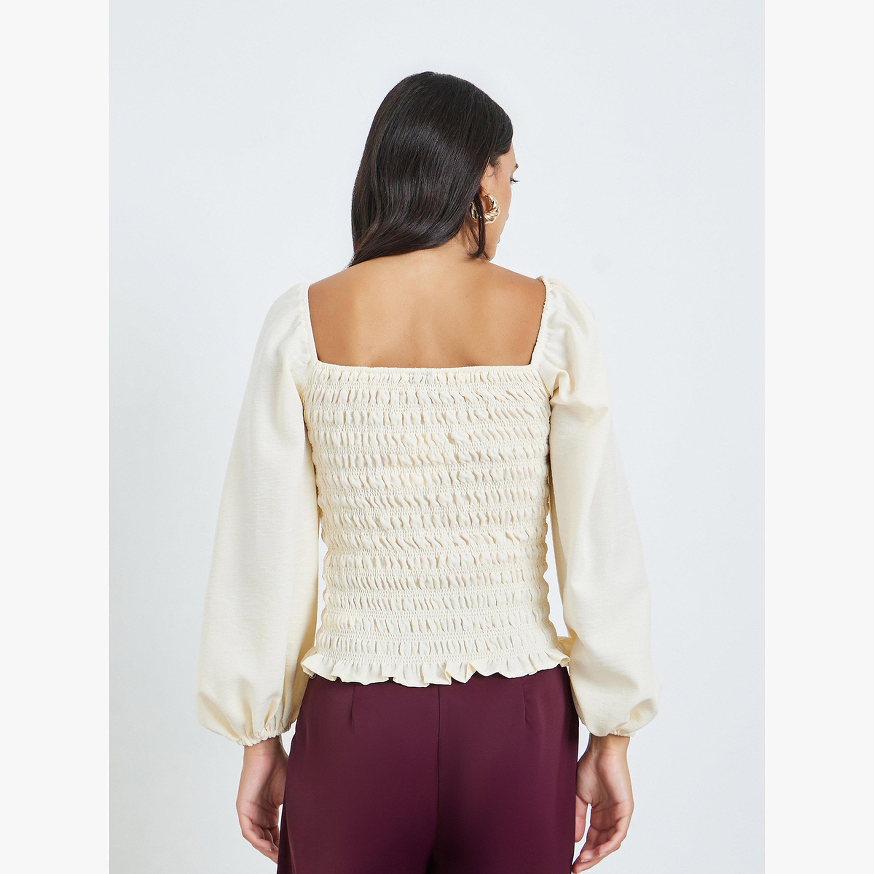 بلوزة بأكمام بالون وتفاصيل مزمومة-women-clothing-shirtsandblouses-blouses-image-4