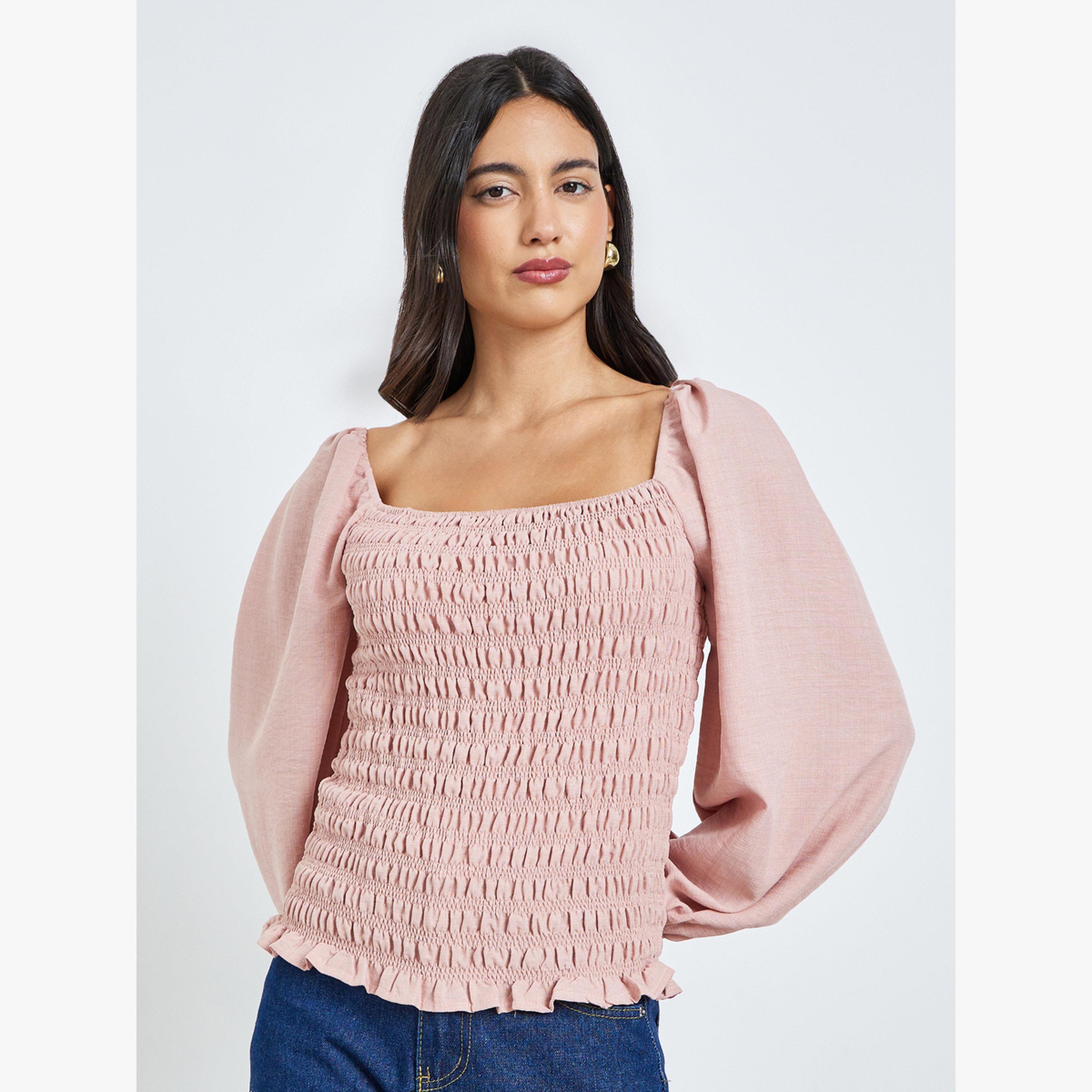 بلوزة بأكمام بالون وتفاصيل مزمومة-women-clothing-shirtsandblouses-blouses-image-1