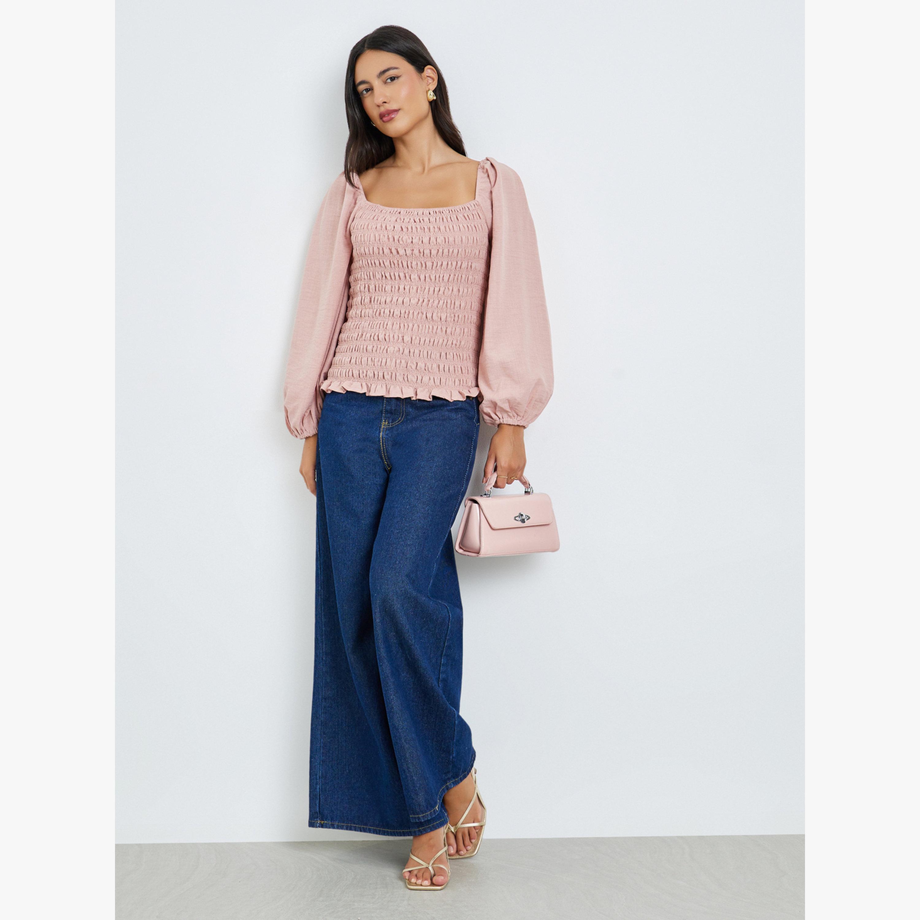 بلوزة بأكمام بالون وتفاصيل مزمومة-women-clothing-shirtsandblouses-blouses-image-2