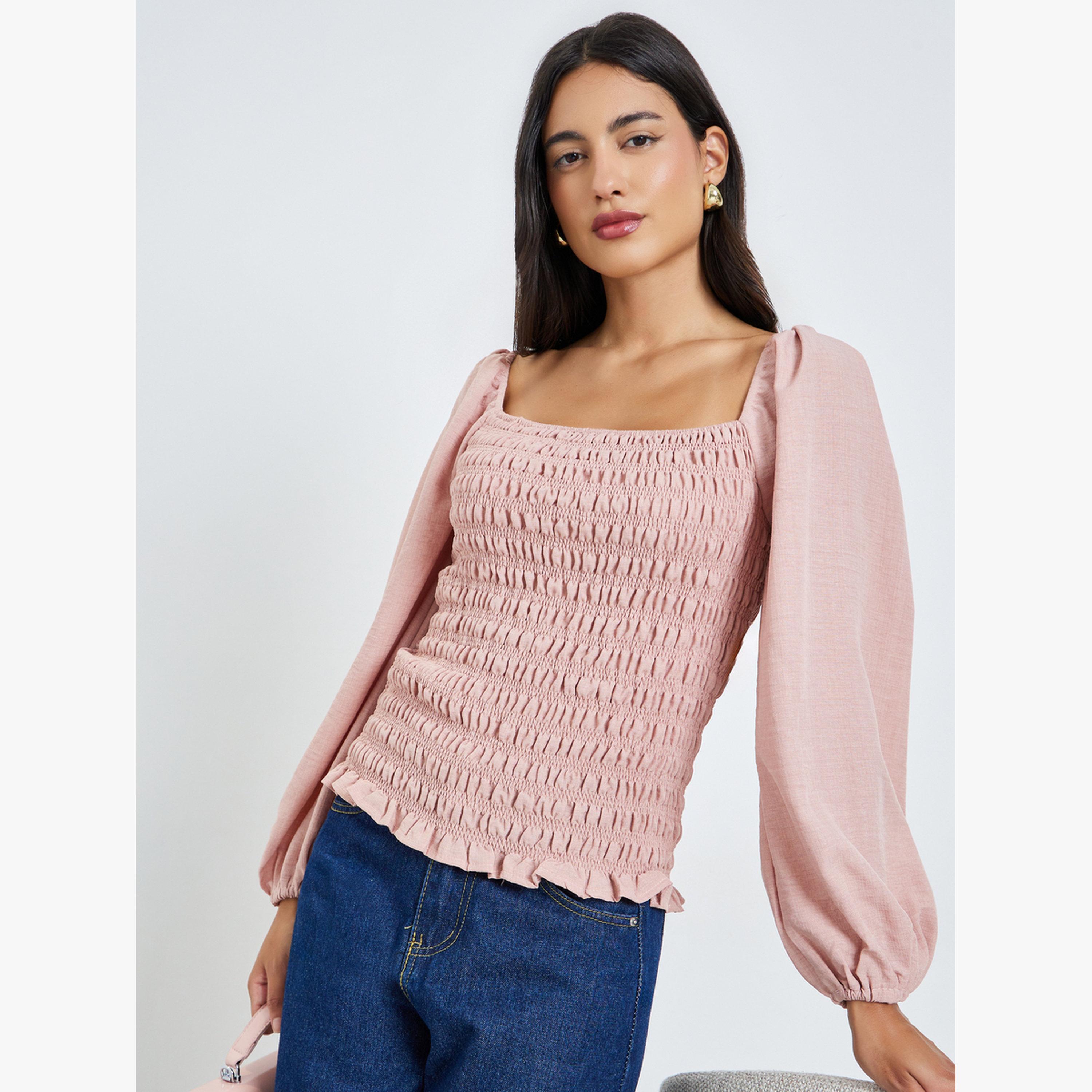 بلوزة بأكمام بالون وتفاصيل مزمومة-women-clothing-shirtsandblouses-blouses-image-3