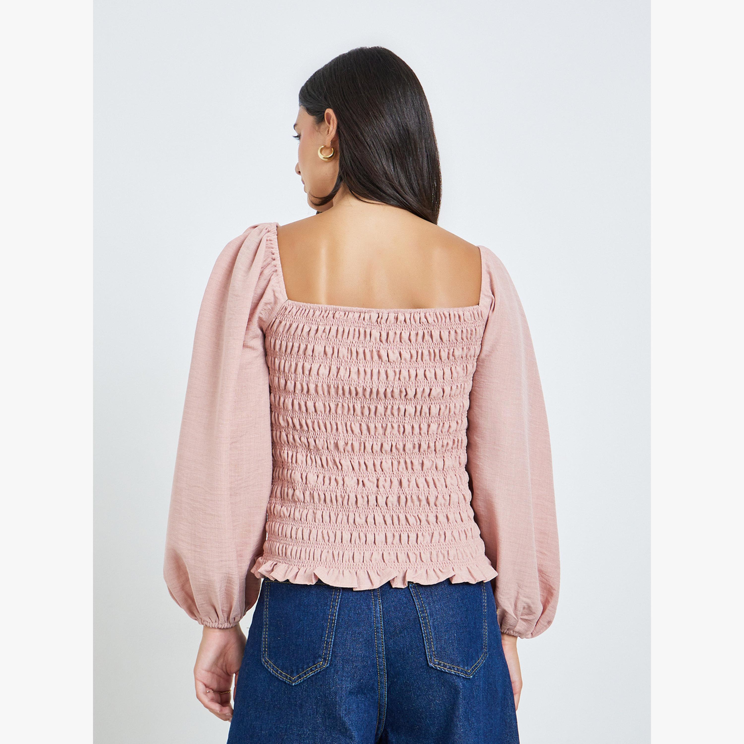 بلوزة بأكمام بالون وتفاصيل مزمومة-women-clothing-shirtsandblouses-blouses-image-4
