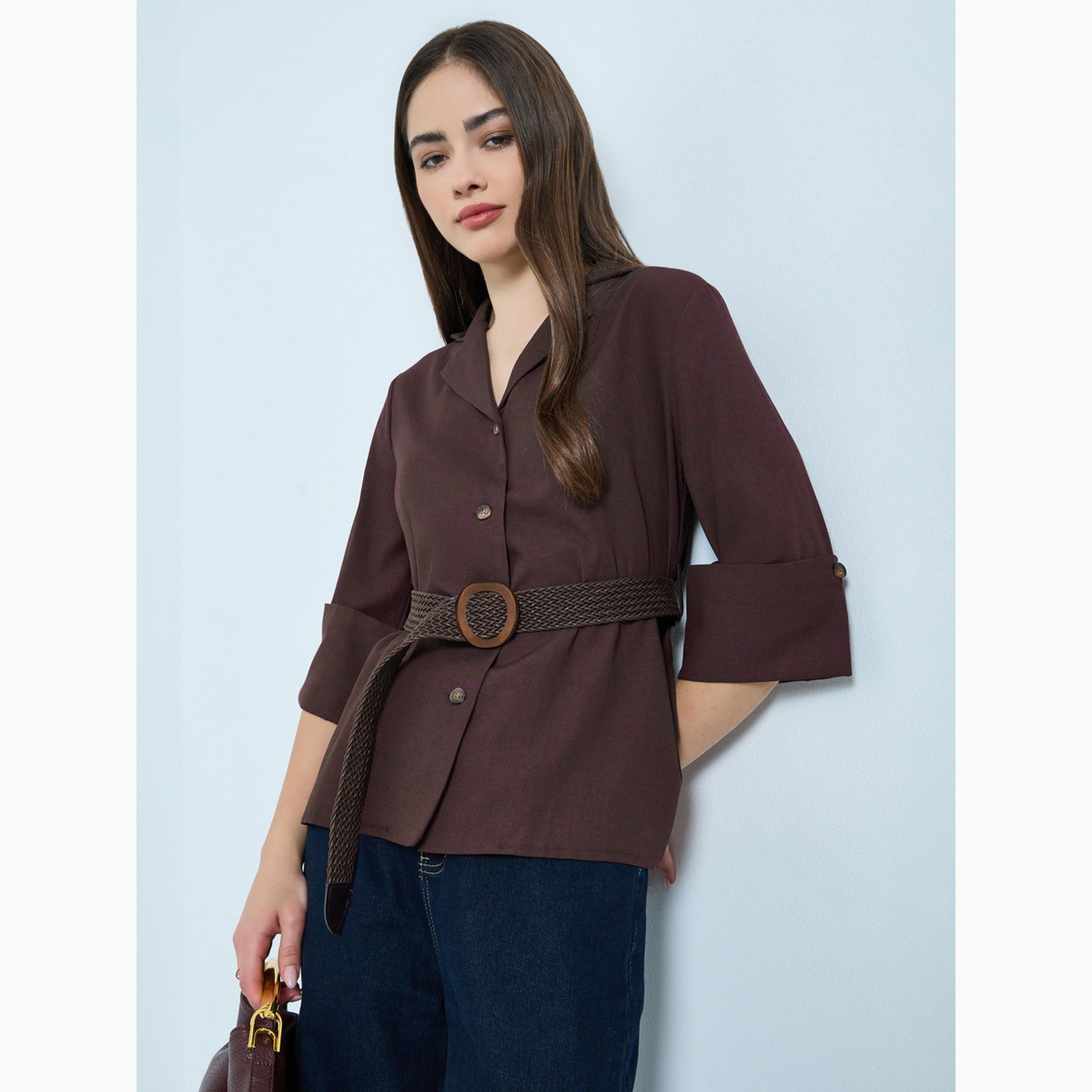 Styli Brown Collared 3/4 Sleeve Shirt with Belt-women-clothing-shirtsandblouses-blouses-image-1