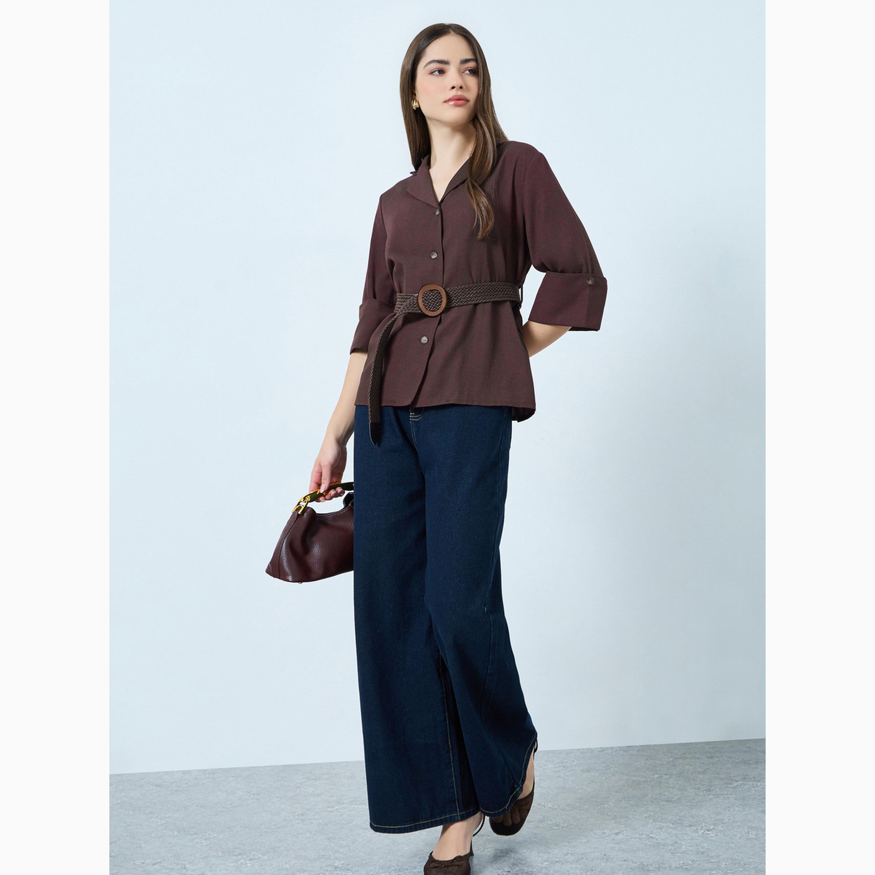 Styli Brown Collared 3/4 Sleeve Shirt with Belt-women-clothing-shirtsandblouses-blouses-image-2