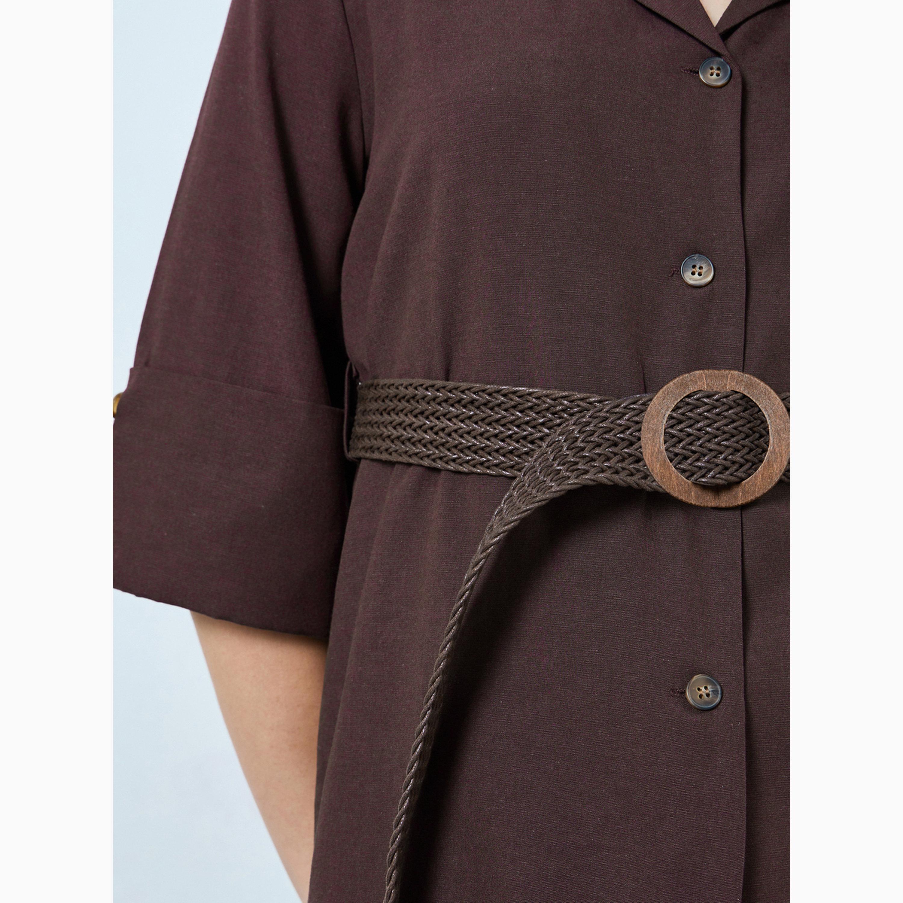 Styli Brown Collared 3/4 Sleeve Shirt with Belt-women-clothing-shirtsandblouses-blouses-image-3