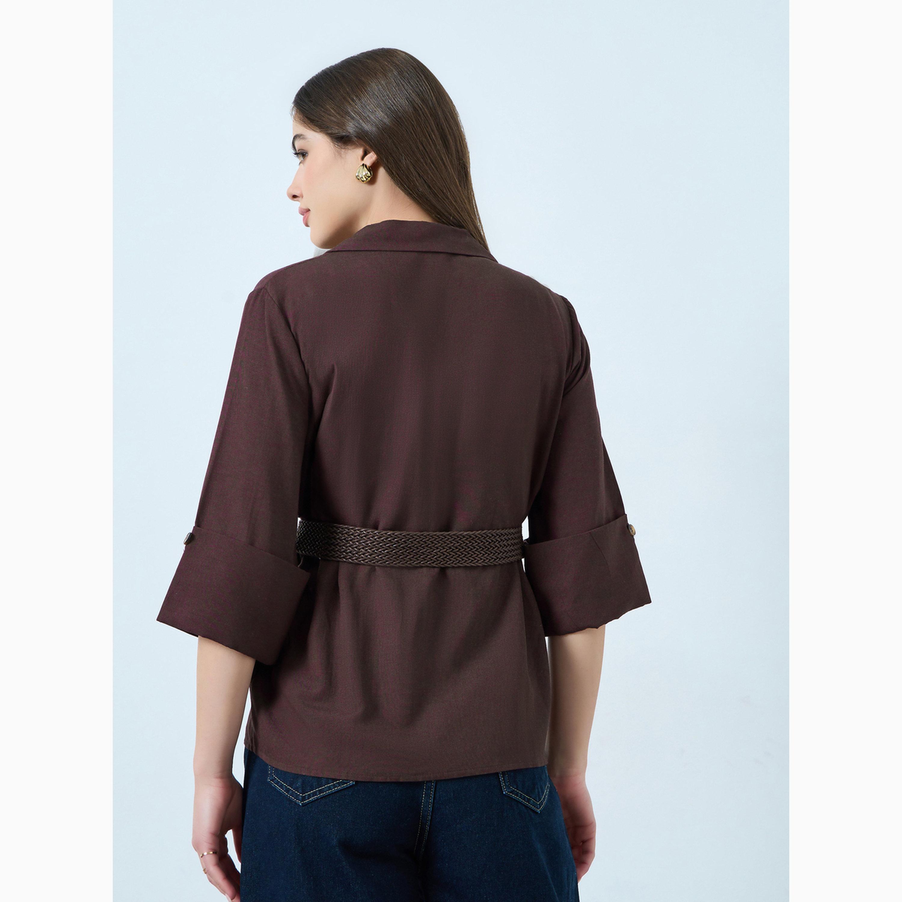 قميص بني بياقة وأكمام 3/4 مع حزام-women-clothing-shirtsandblouses-blouses-image-4