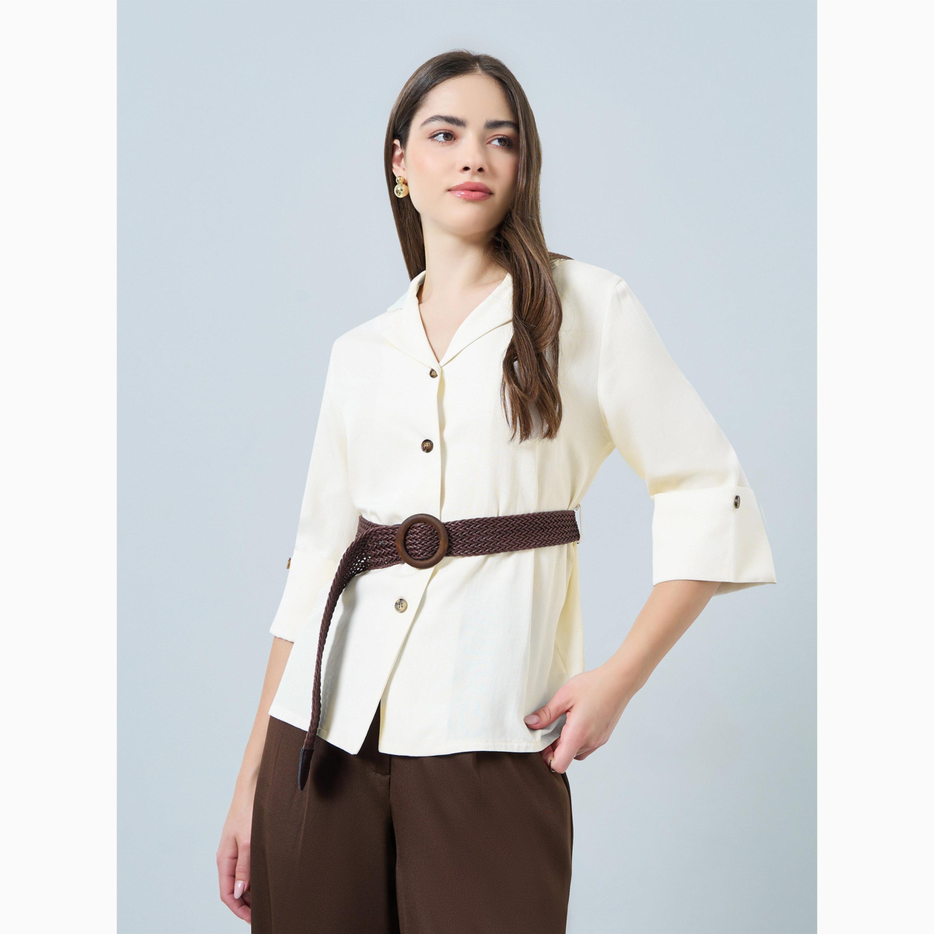 Styli Off White Collared 3/4 Sleeve Shirt with Belt-women-clothing-shirtsandblouses-blouses-image-1