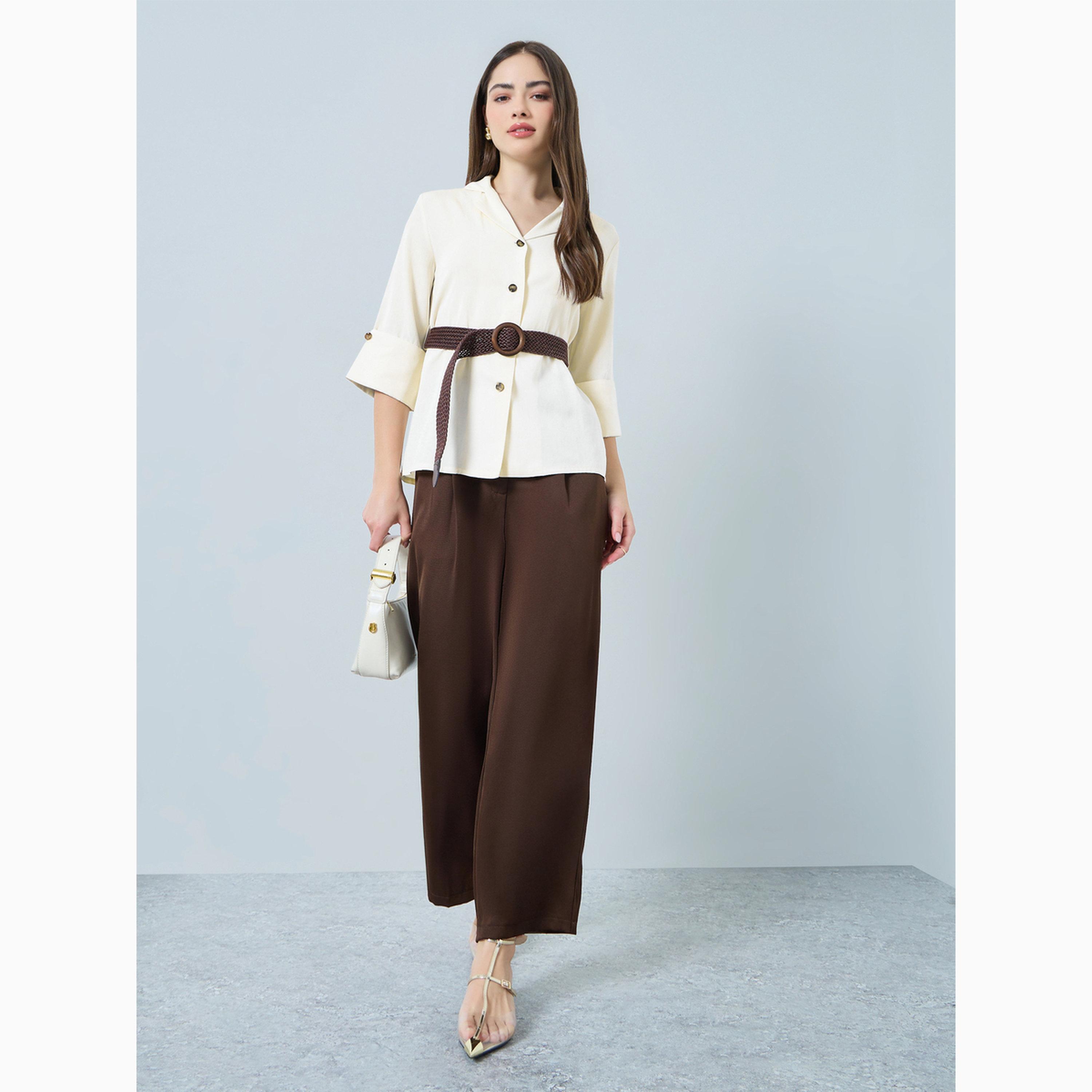 Styli Off White Collared 3/4 Sleeve Shirt with Belt-women-clothing-shirtsandblouses-blouses-image-2
