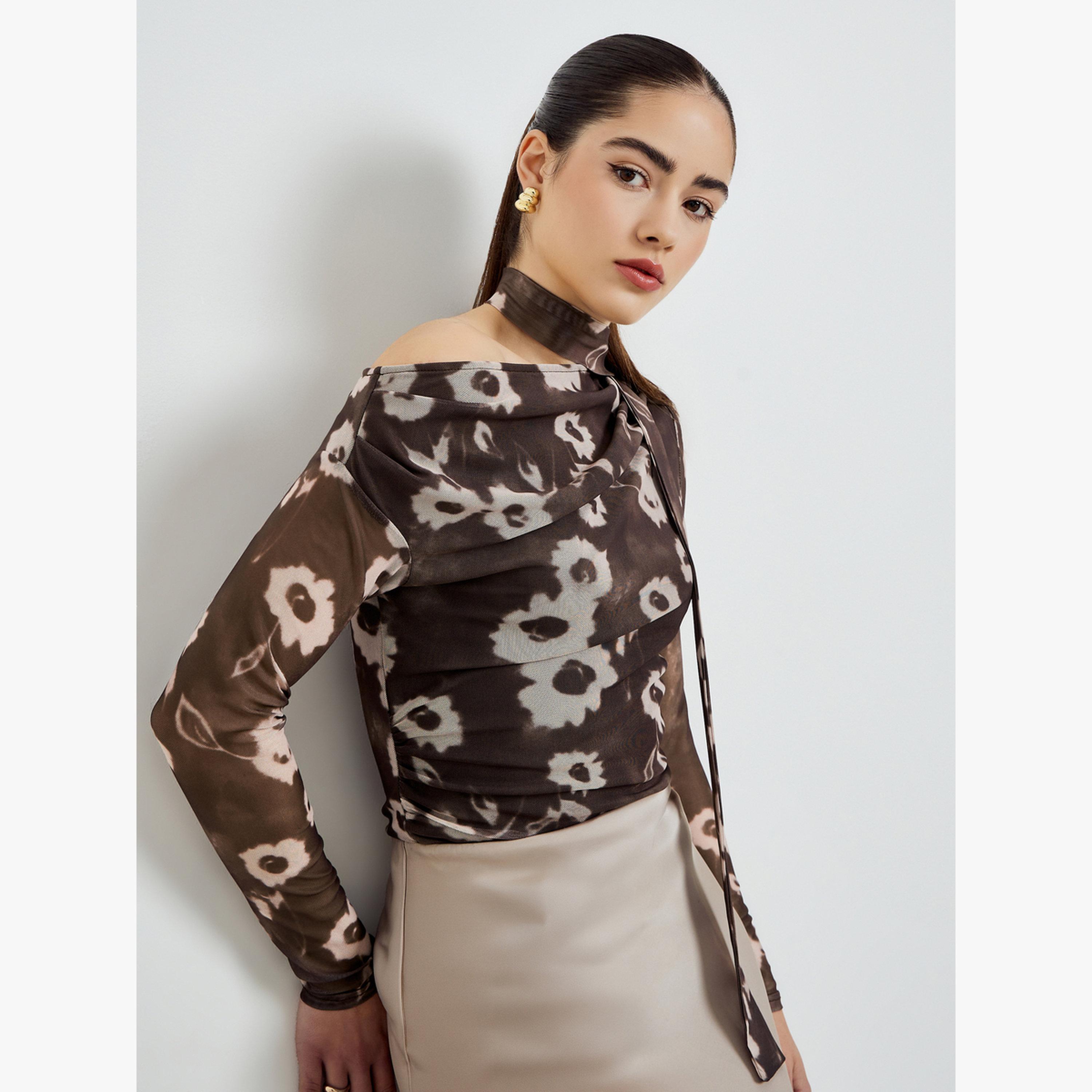 Styli Brown Floral Print Mesh Blouse-women-clothing-shirtsandblouses-blouses-image-3
