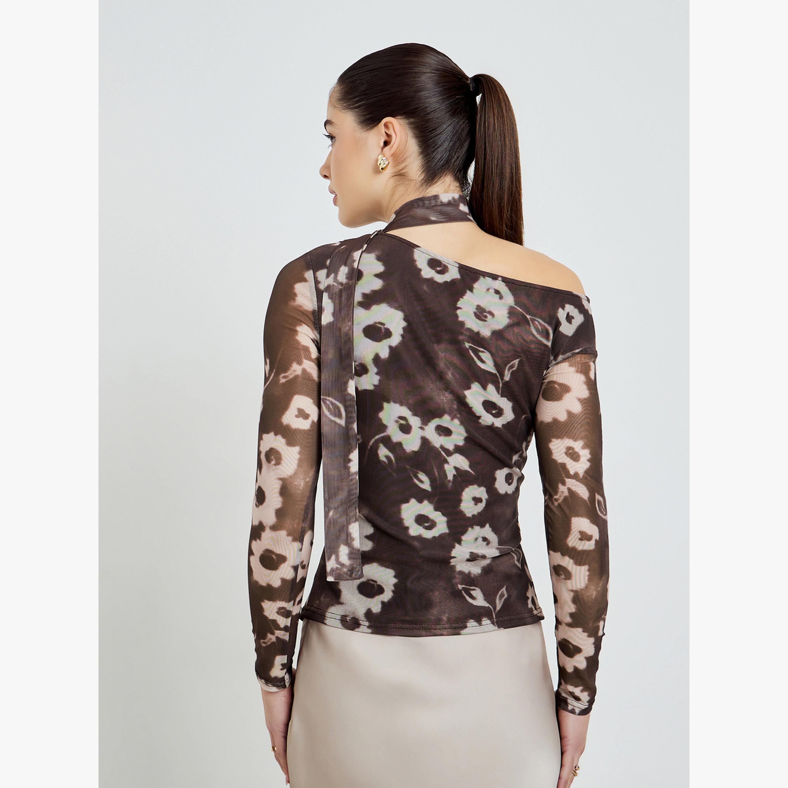 Styli Brown Floral Print Mesh Blouse-women-clothing-shirtsandblouses-blouses-image-4