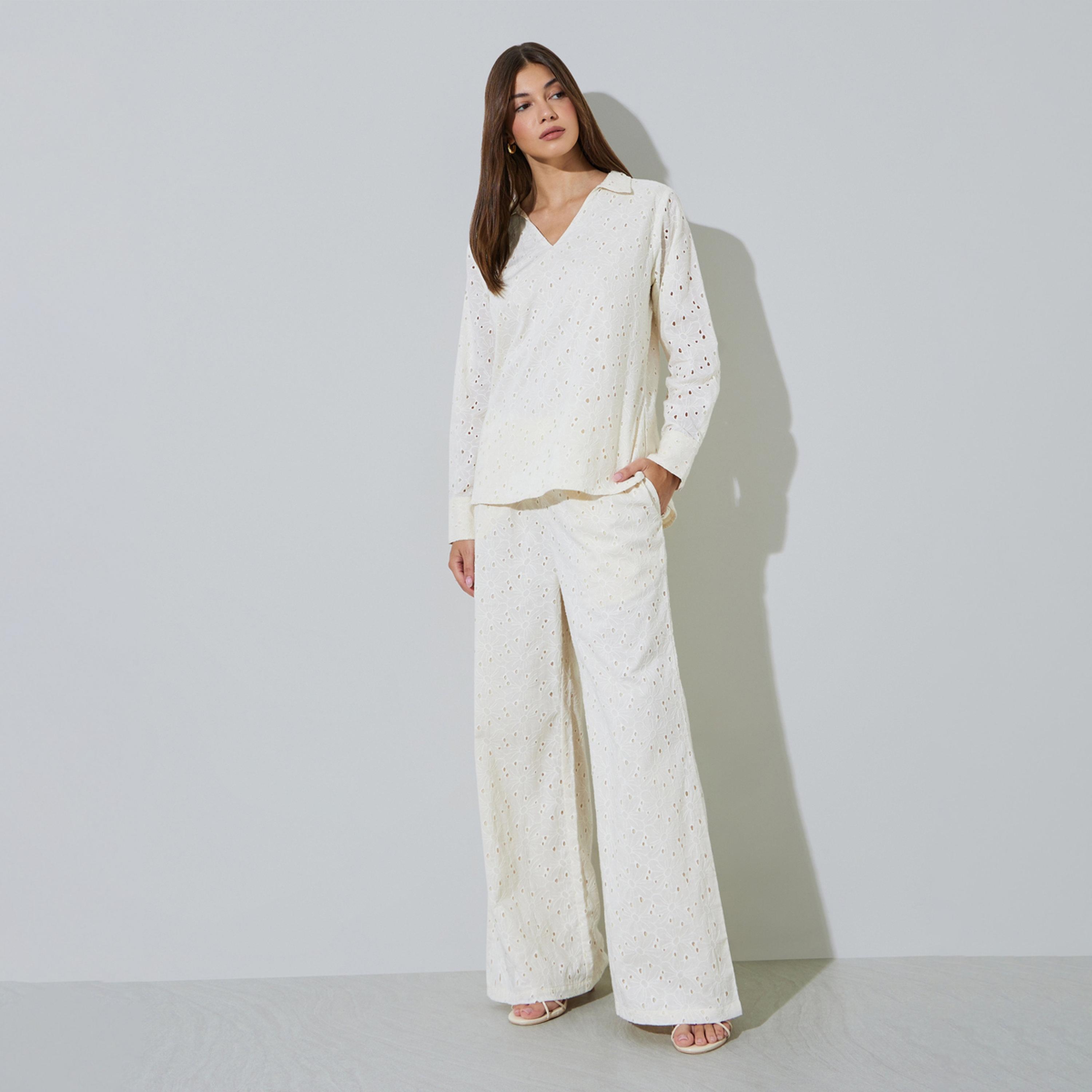 Styli Off White Cotton Schiffli Top and Pants Set-women-clothing-coordsets-image-1