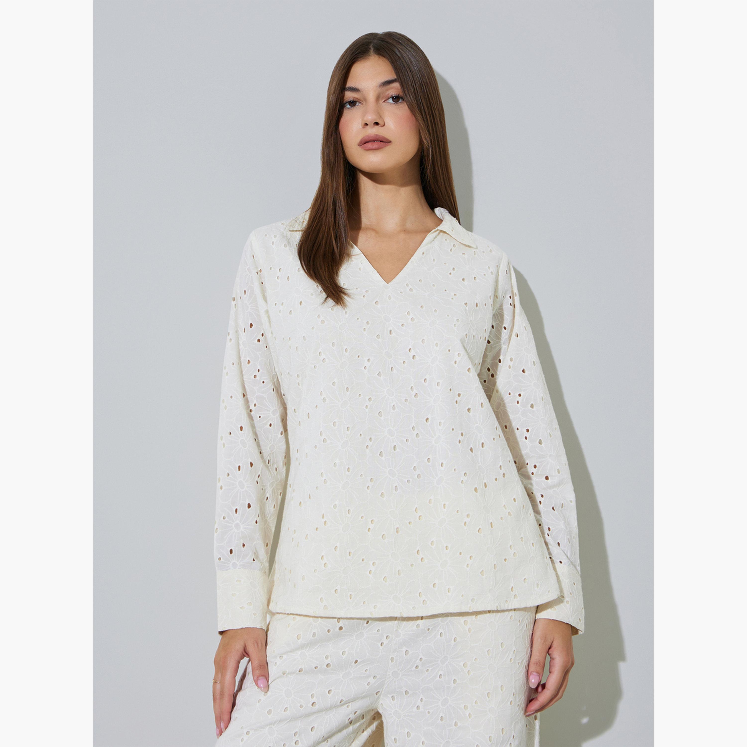 Styli Off White Cotton Schiffli Top and Pants Set-women-clothing-coordsets-image-2