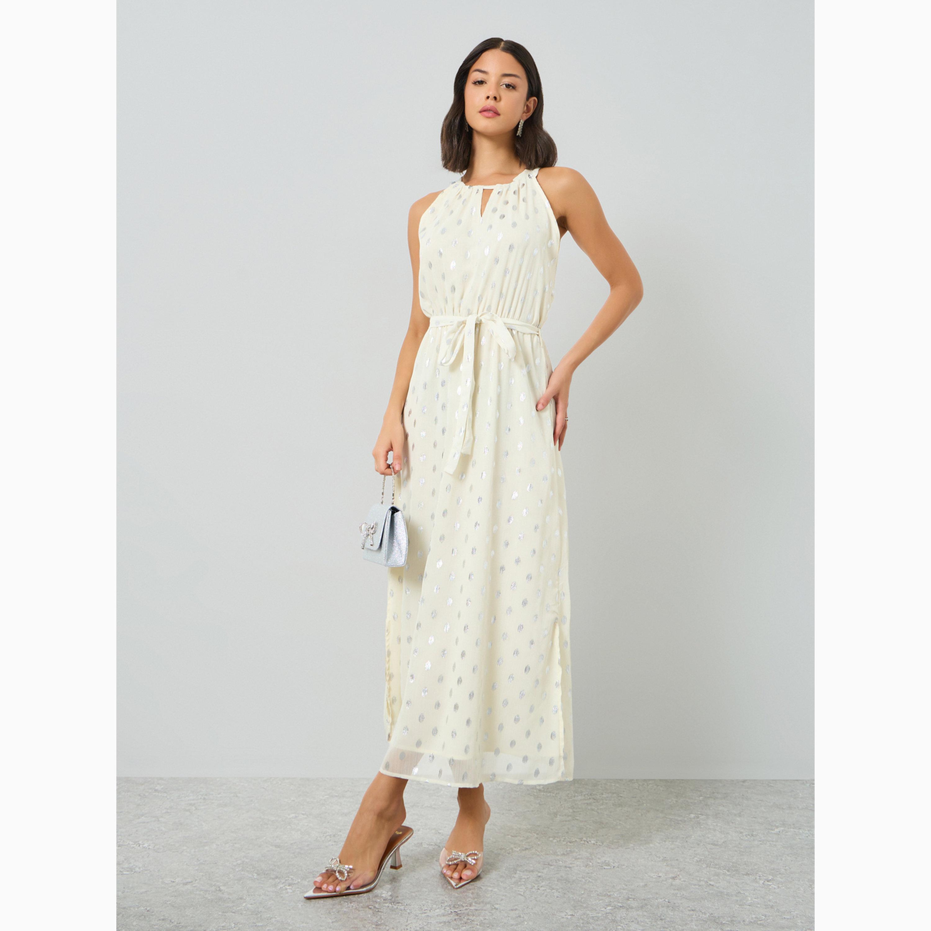 Styli Off-White Foil Print Maxi Dress with Tie-Belt-women-clothing-dresses-image-1