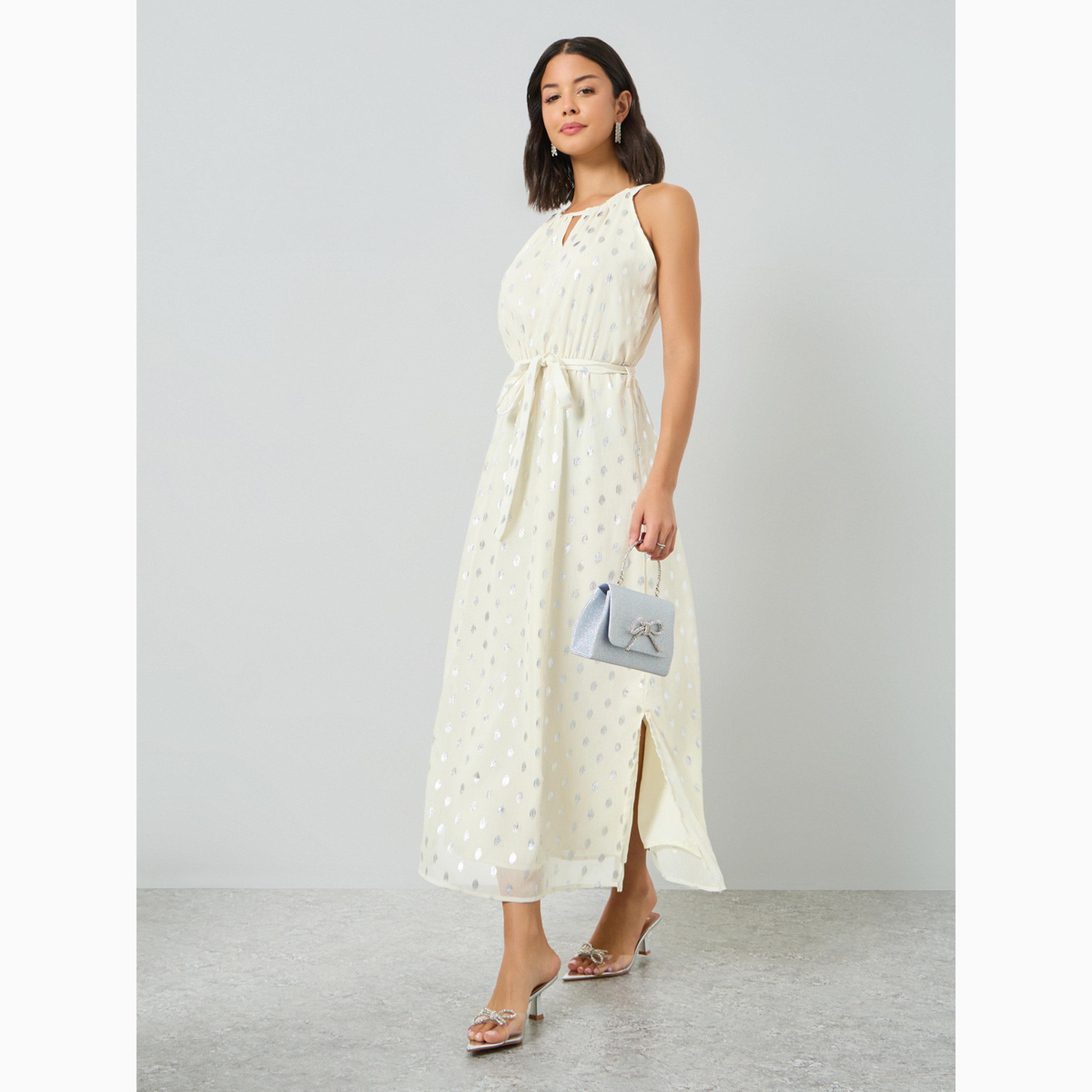 Styli Off-White Foil Print Maxi Dress with Tie-Belt-women-clothing-dresses-image-3