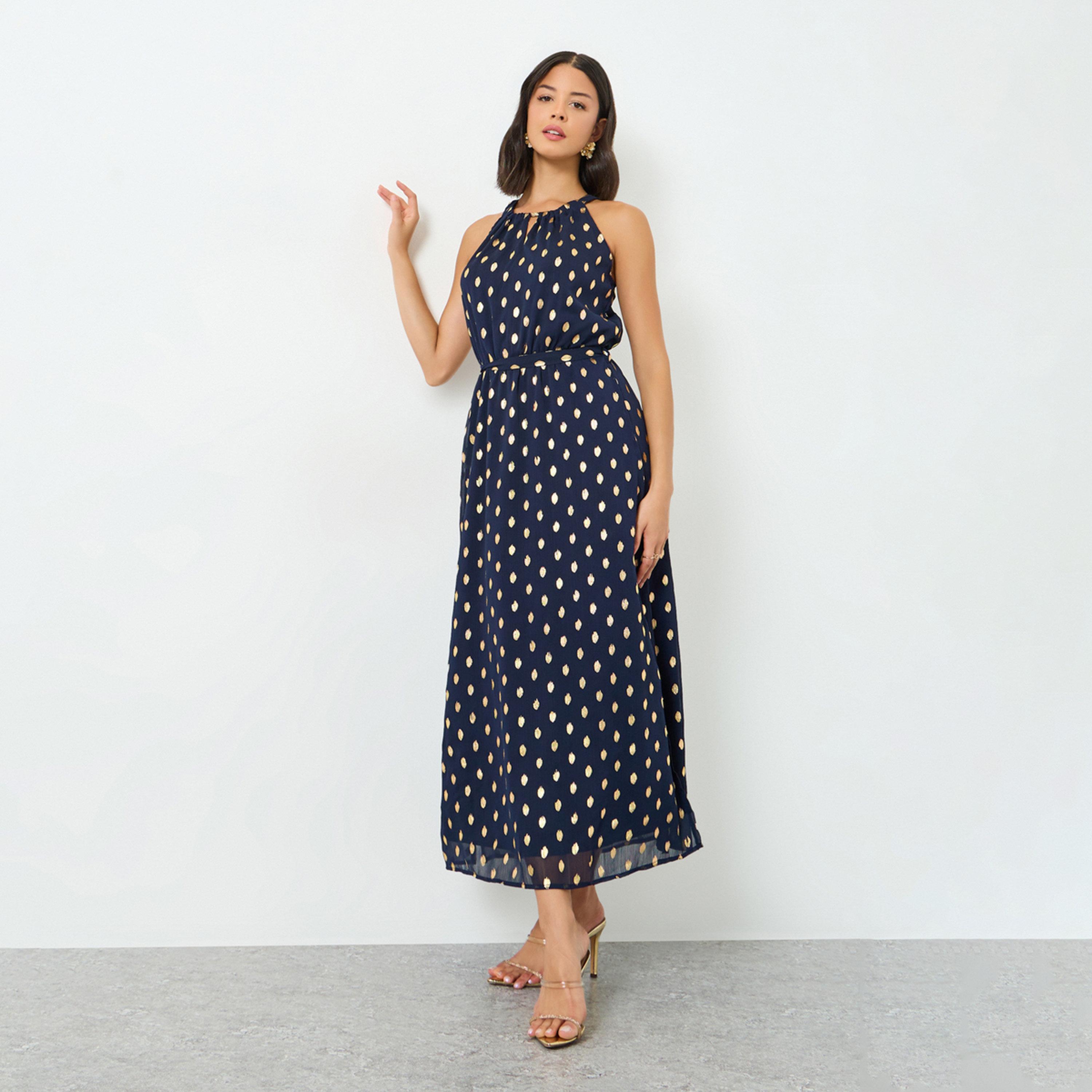 فستان طويل بطبعة فويل وحزام ربط-women-clothing-dresses-image-1